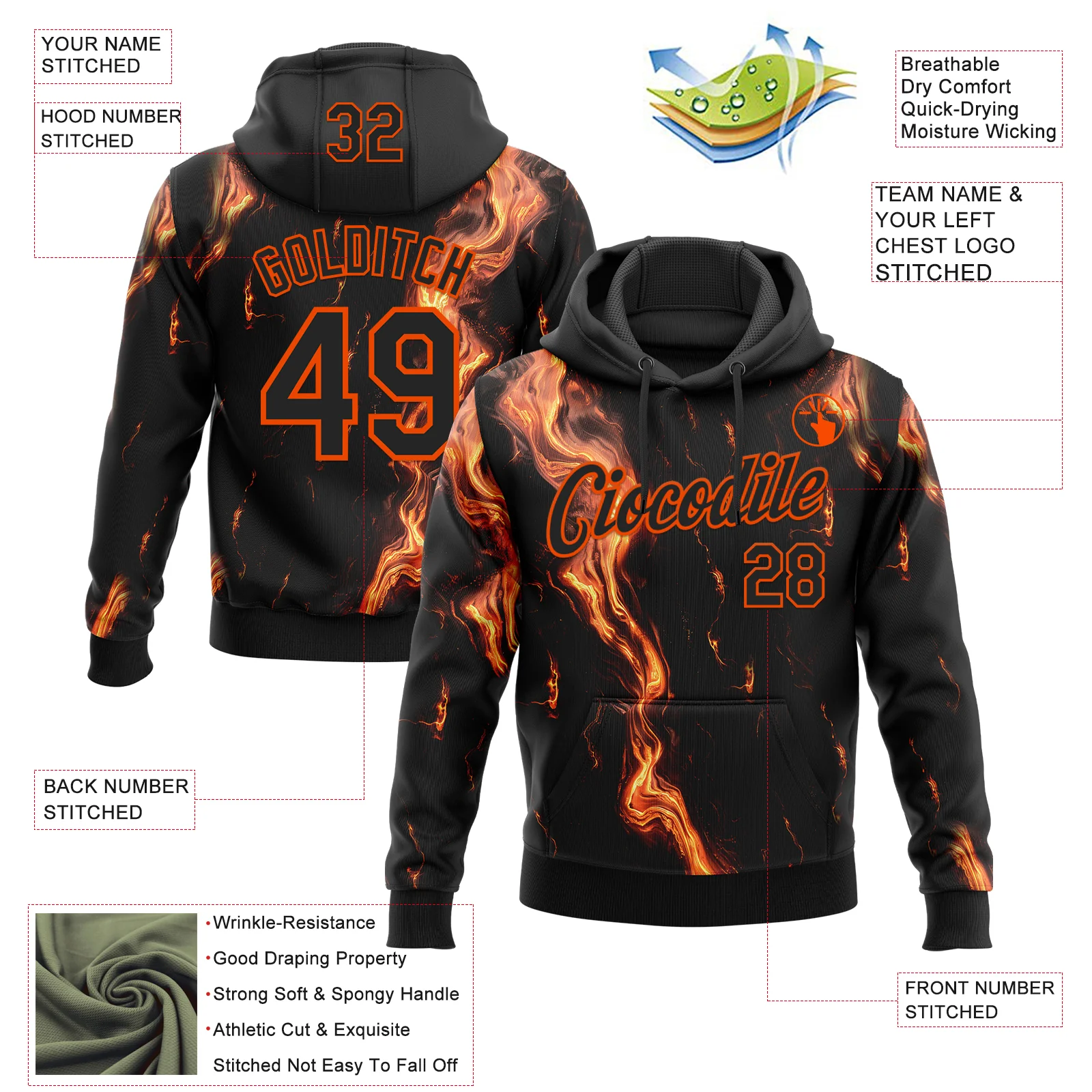Custom Stitched Black Orange 3D Pattern Design Flame Sports Pullover Sweatshirt Hoodie
