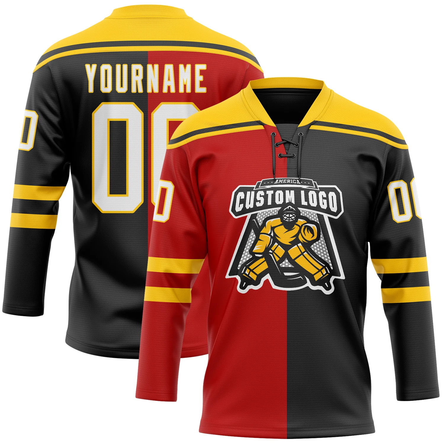 Custom Black White Red-Yellow Split Fashion Hockey Lace Neck Jersey