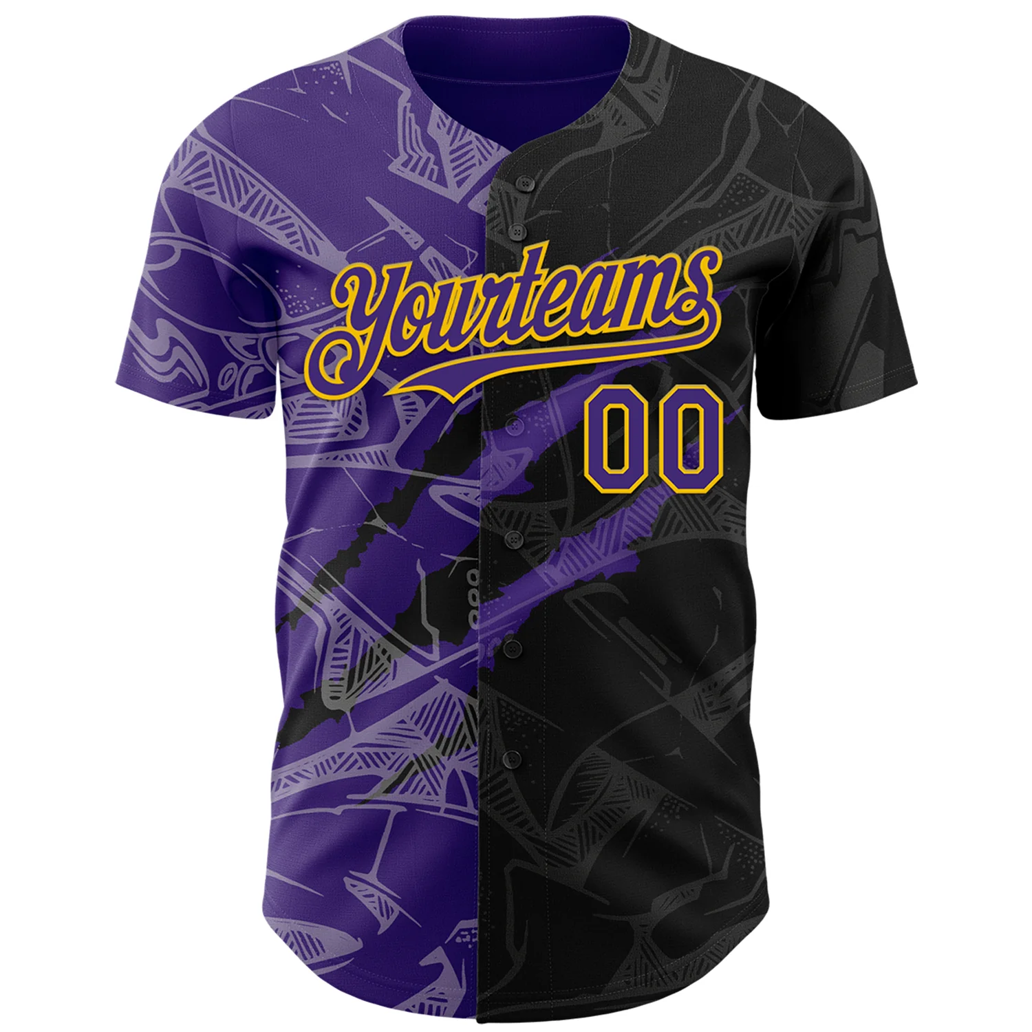 Custom Graffiti Pattern Purple Black-Yellow 3D Scratch Authentic Baseball Jersey