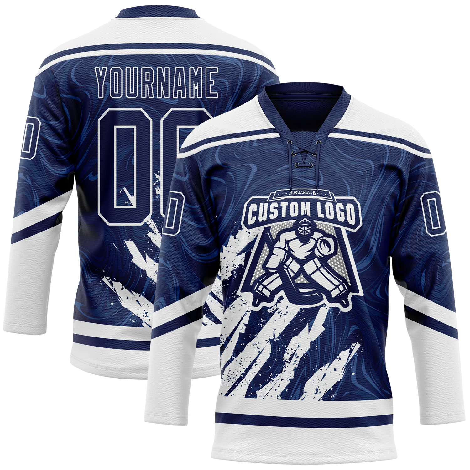 Custom Navy White 3D Splash Art Hockey Lace Neck Jersey