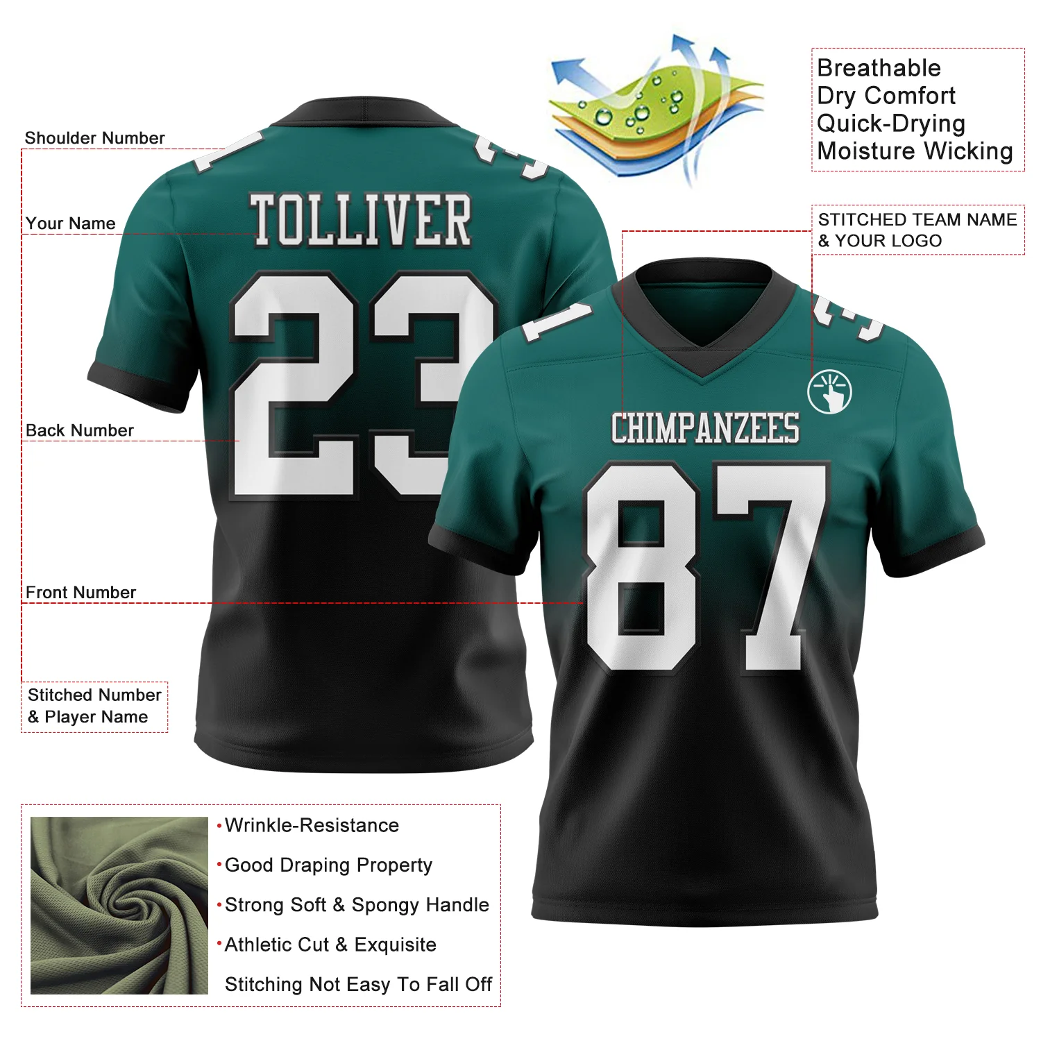 Custom Midnight Green White-Black Authentic Fade Fashion Football Jersey