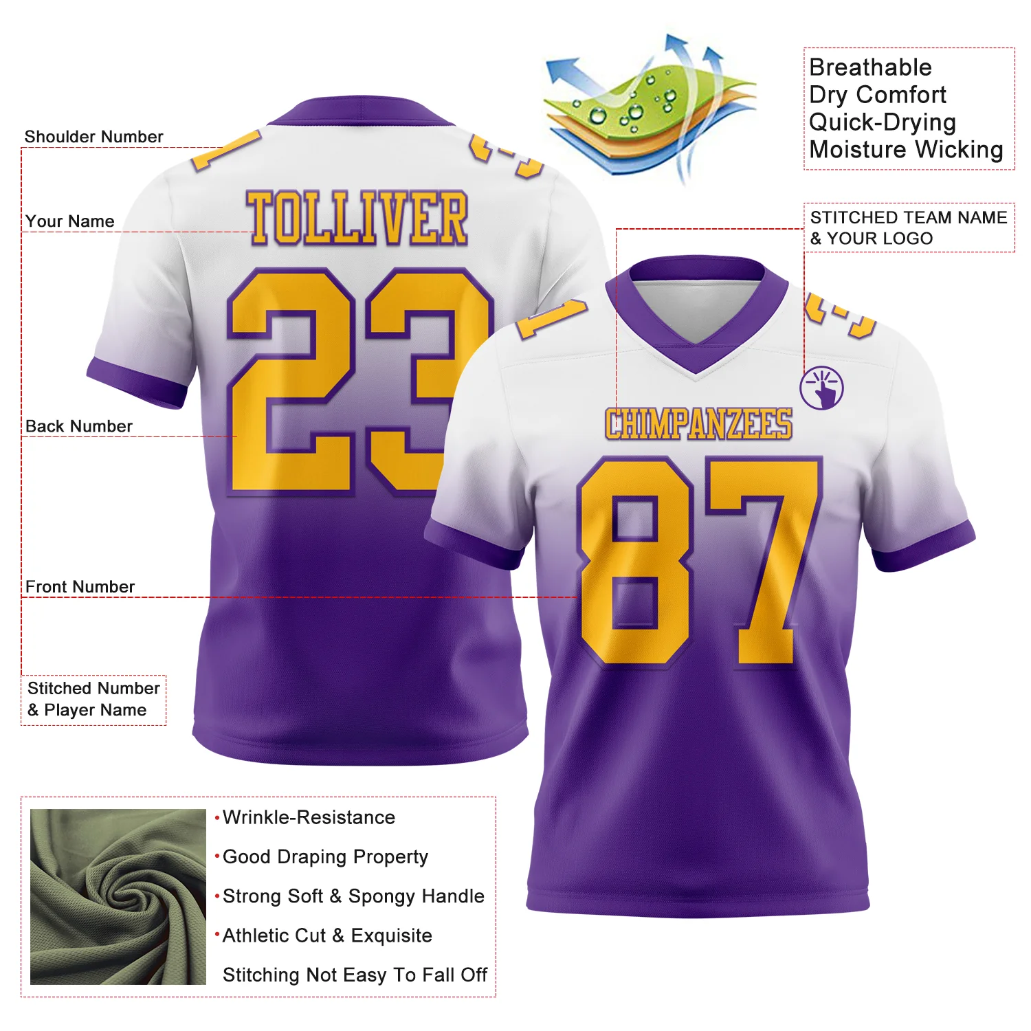 Custom White Gold-Purple Authentic Fade Fashion Football Jersey