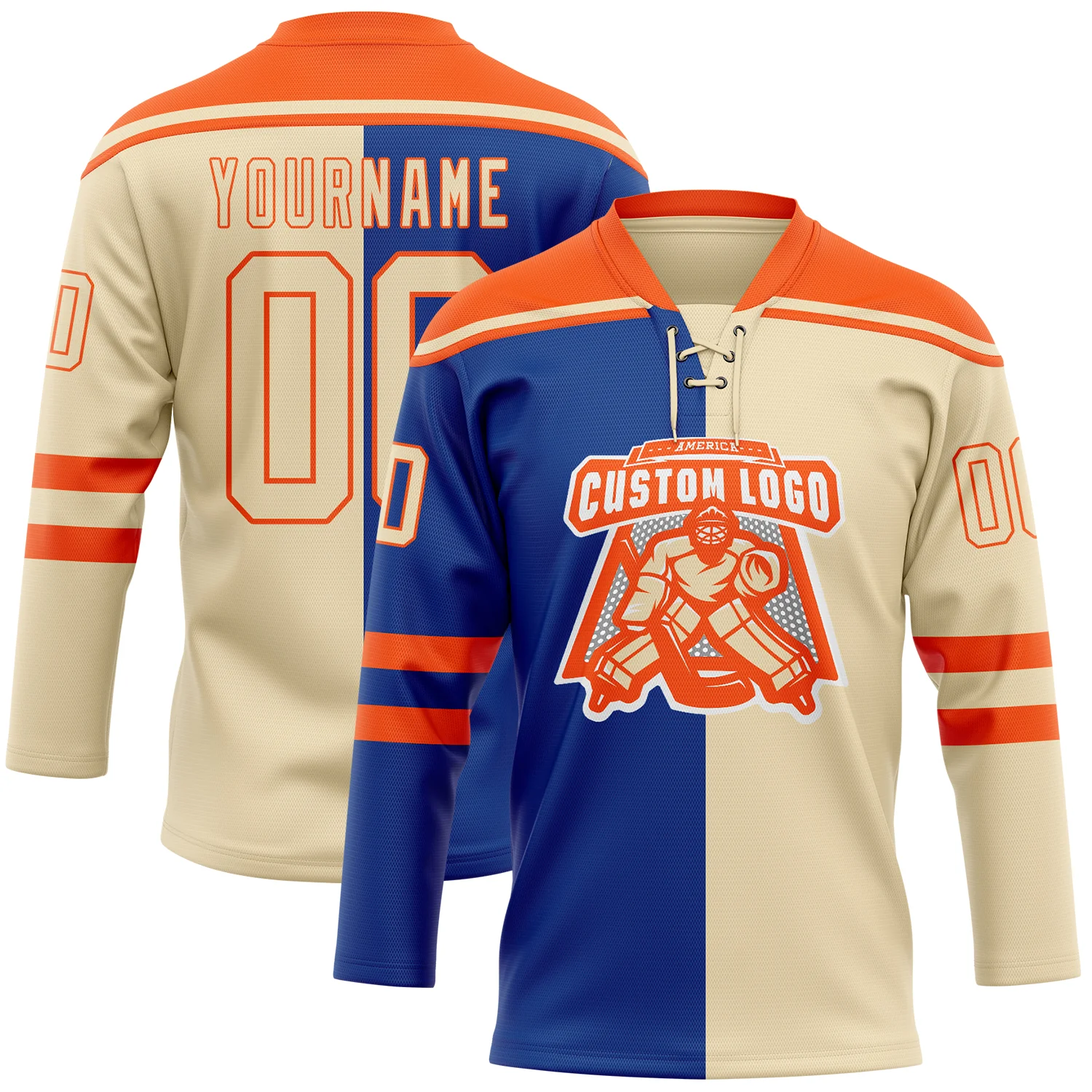 Custom Cream Royal-Orange Split Fashion Hockey Lace Neck Jersey