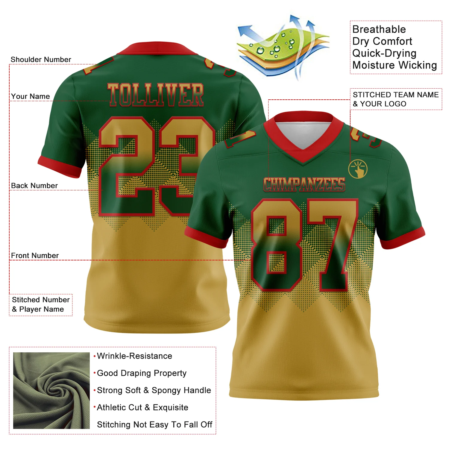 Custom Green Old Gold-Red Authentic Gradient Square Shape Flag Football Jersey