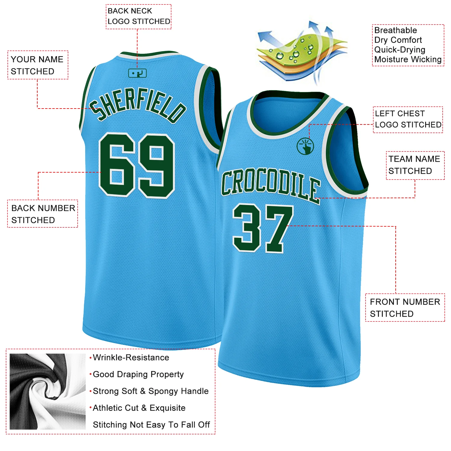 Custom Sky Blue Green-White Authentic Basketball Jersey