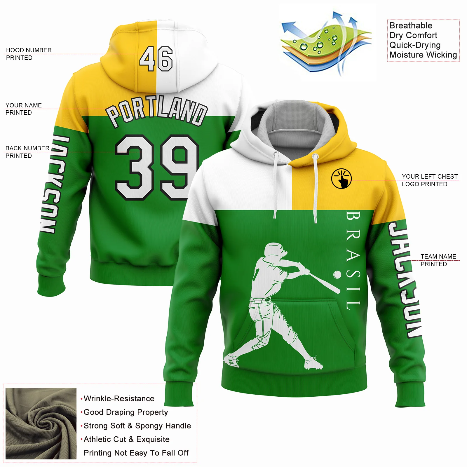 Custom Grass Green Yellow-Black 3D Brasil Brazilian Flag Sports Pullover Sweatshirt Hoodie