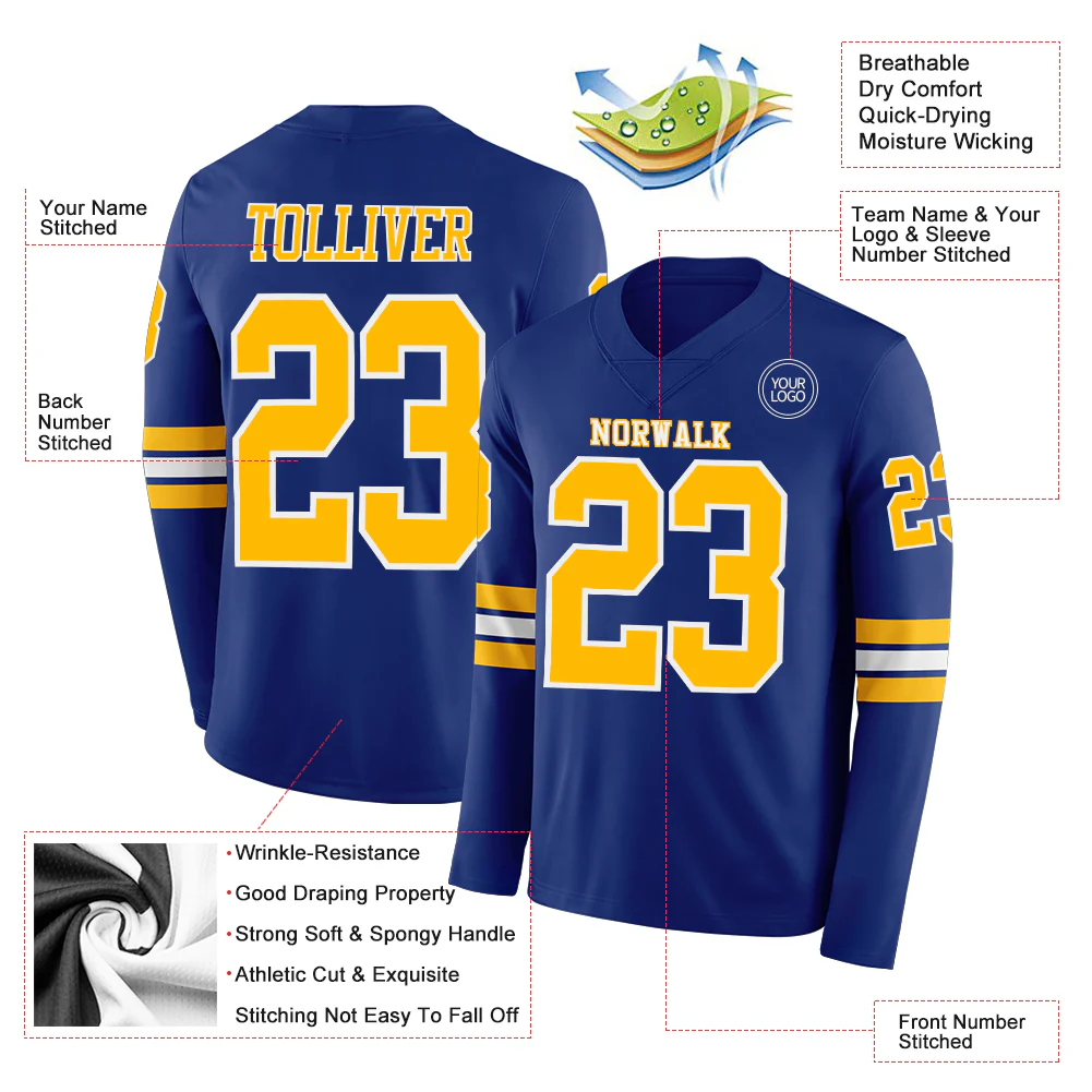 Custom Royal Gold-White Long Sleeve Authentic Football Jersey