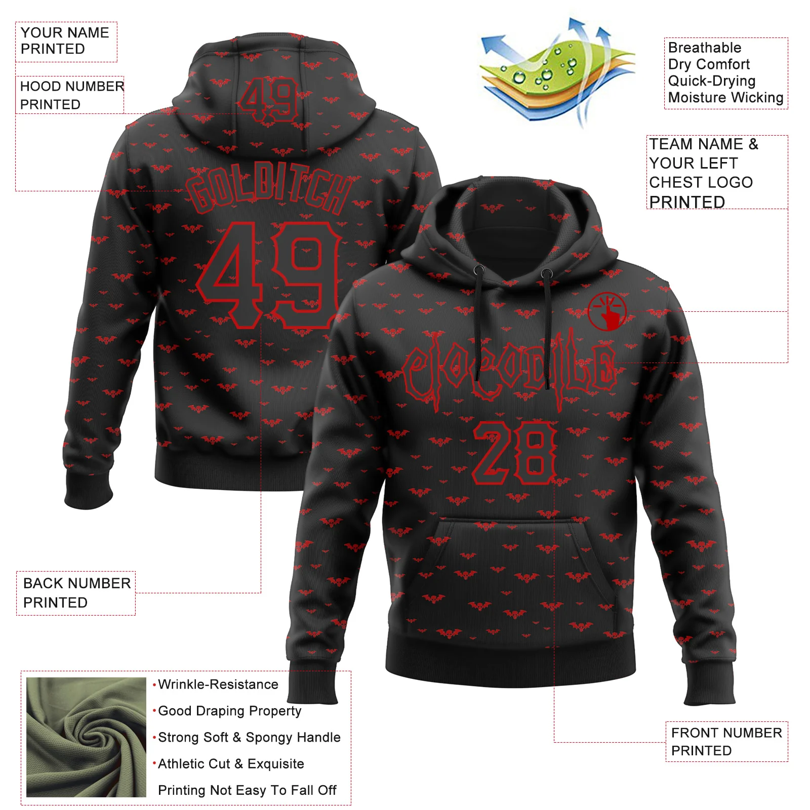 Custom Black Red 3D Halloween Bat Skull Doodle Party Costume Ideas Sports Pullover Sweatshirt Hoodie