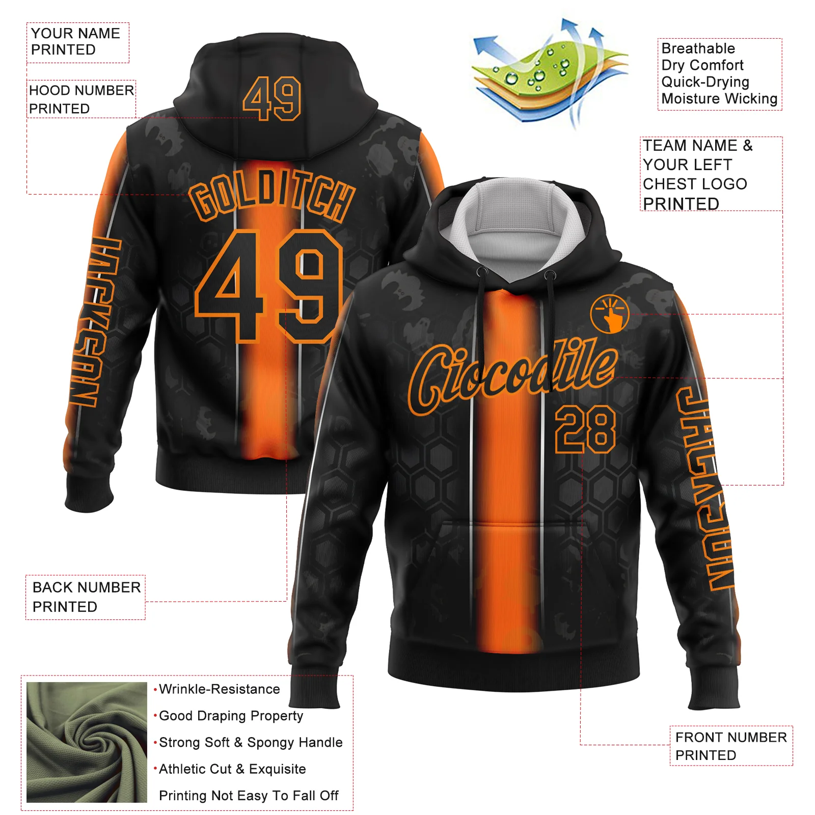 Custom Black Orange-Bay Orange 3D Halloween Pumpkin Spooky Sportswear Sports Pullover Sweatshirt Hoodie