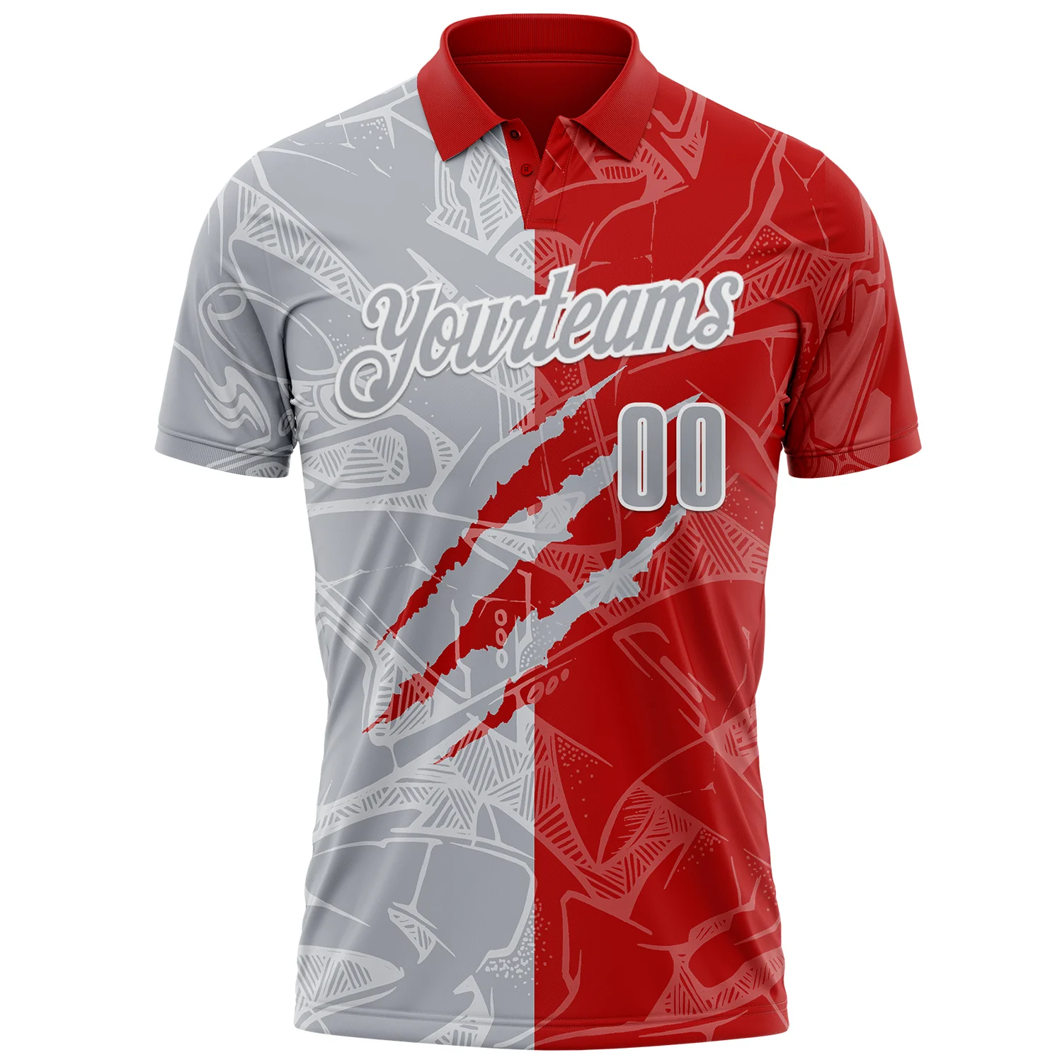 Custom Graffiti Pattern Gray Red-White 3D Scratch Performance Polo Shirt