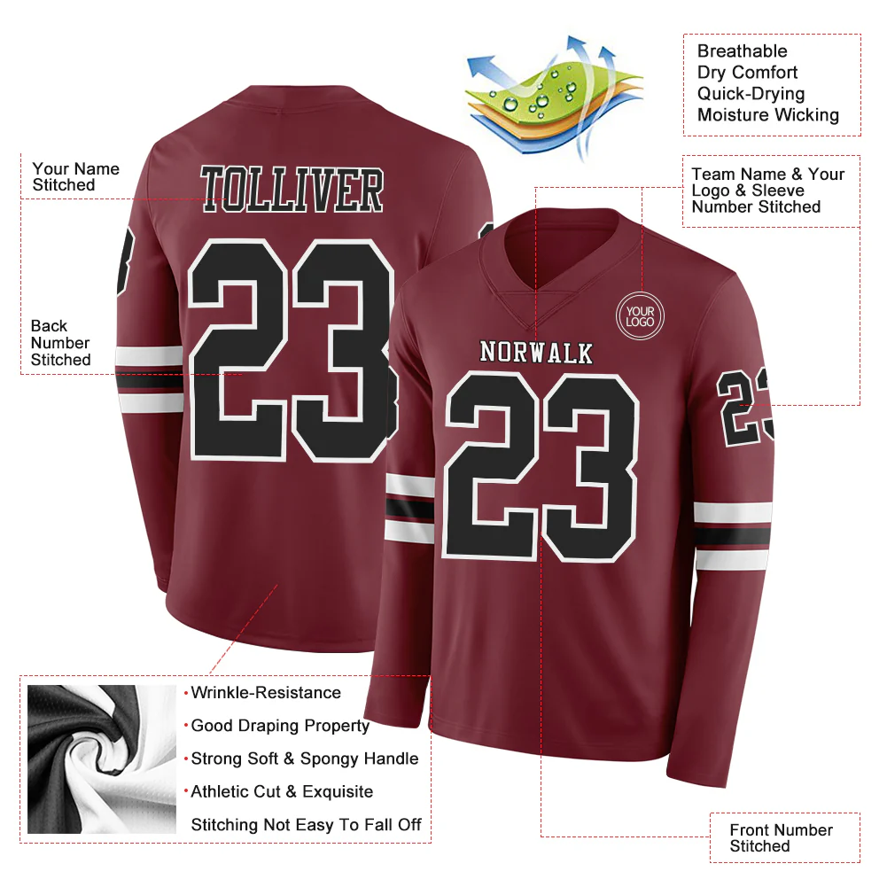 Custom Burgundy Black-White Long Sleeve Authentic Football Jersey