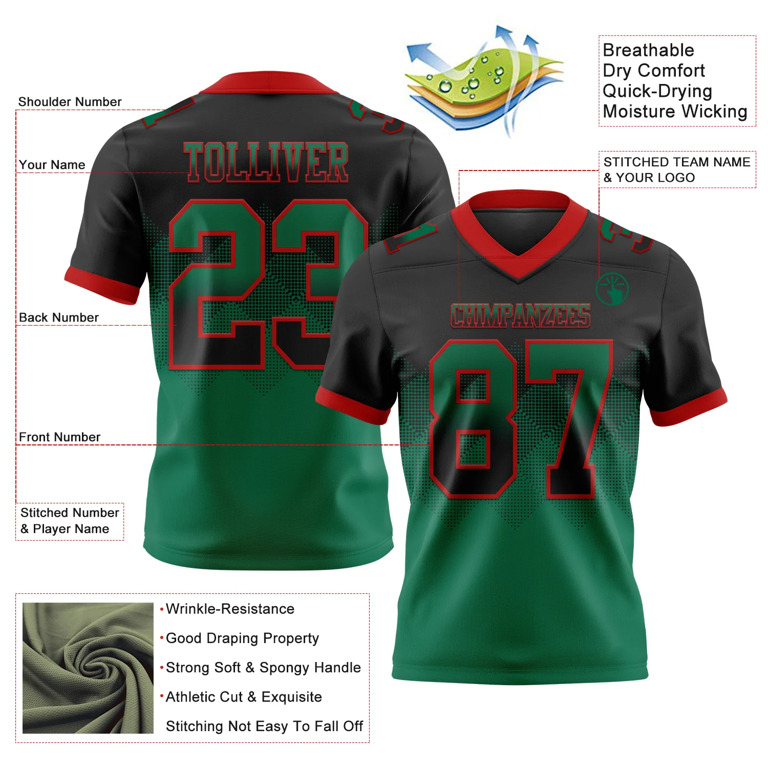 Custom Black Kelly Green-Red Authentic Gradient Square Shape Flag Football Jersey