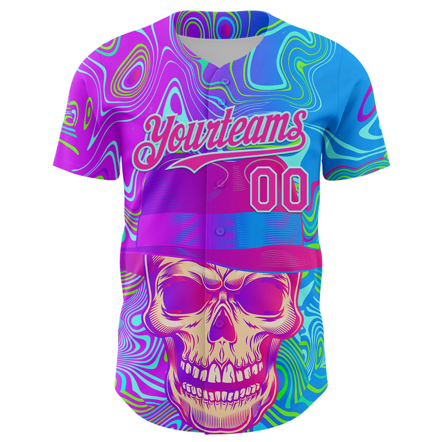 Custom Blue Deep Pink-Ice Blue 3D Pattern Design Trippy Magic Mushrooms Skull Authentic Baseball Jersey