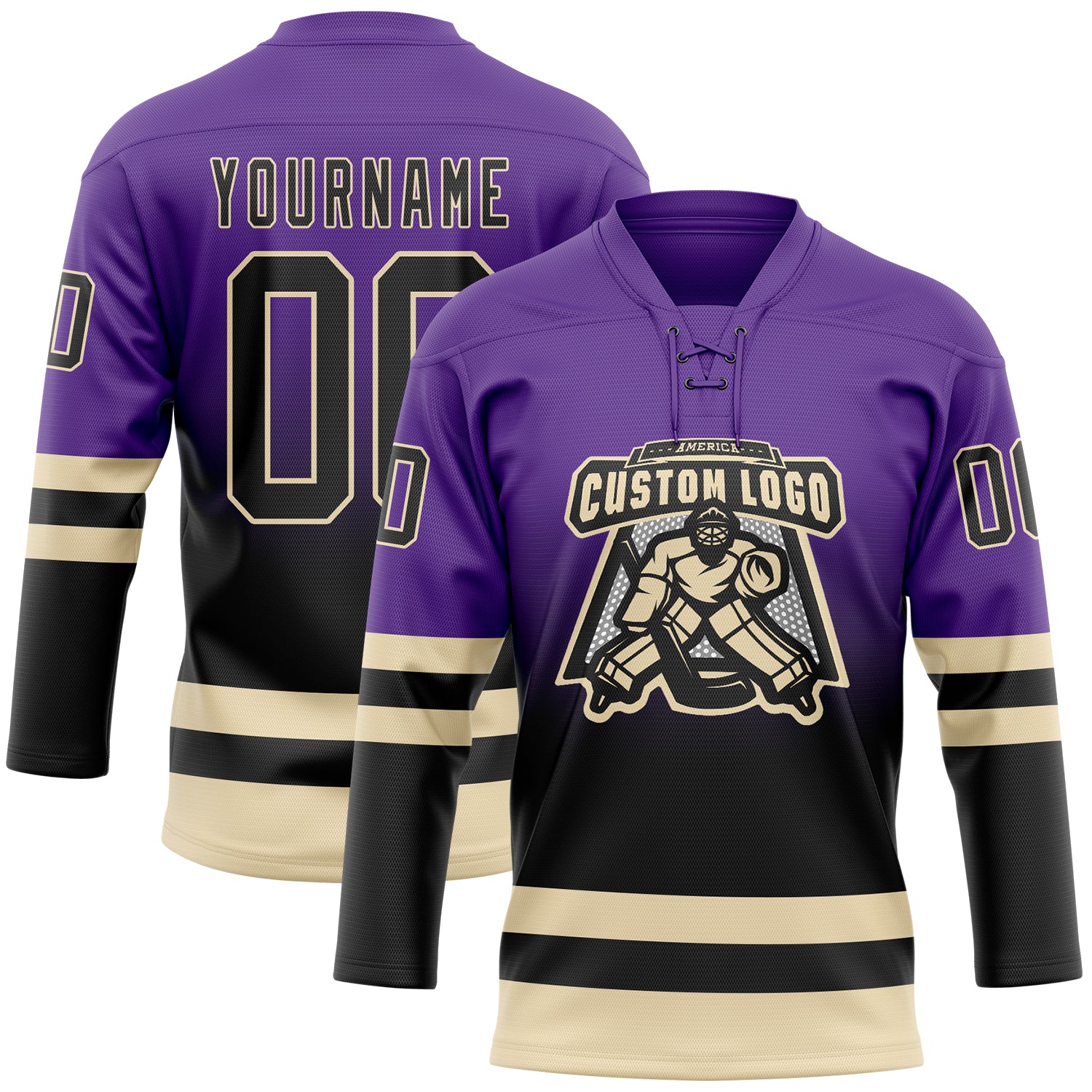 Custom Purple Black-Cream Fade Fashion Hockey Lace Neck Jersey