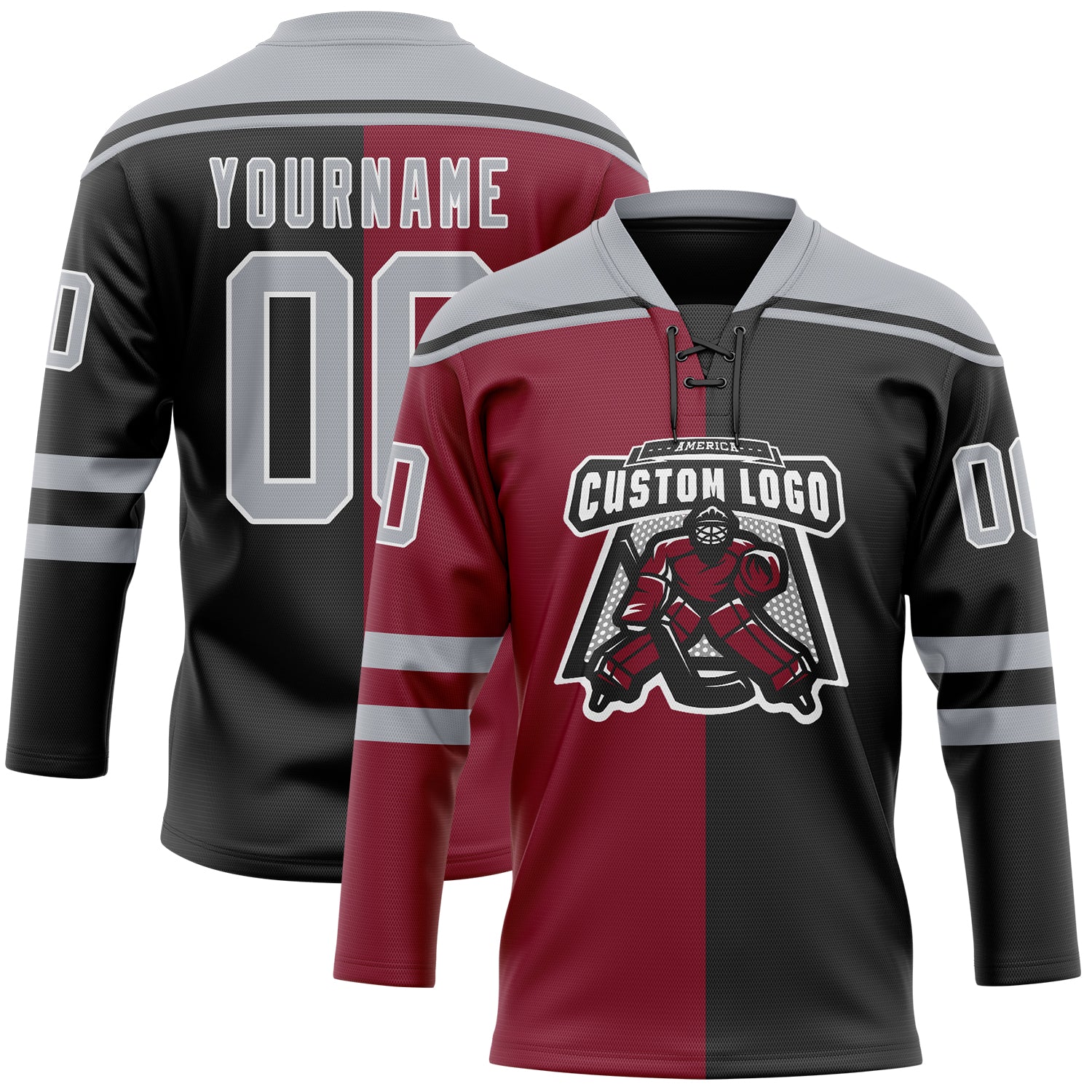Custom Black Gray Crimson-White Split Fashion Hockey Lace Neck Jersey