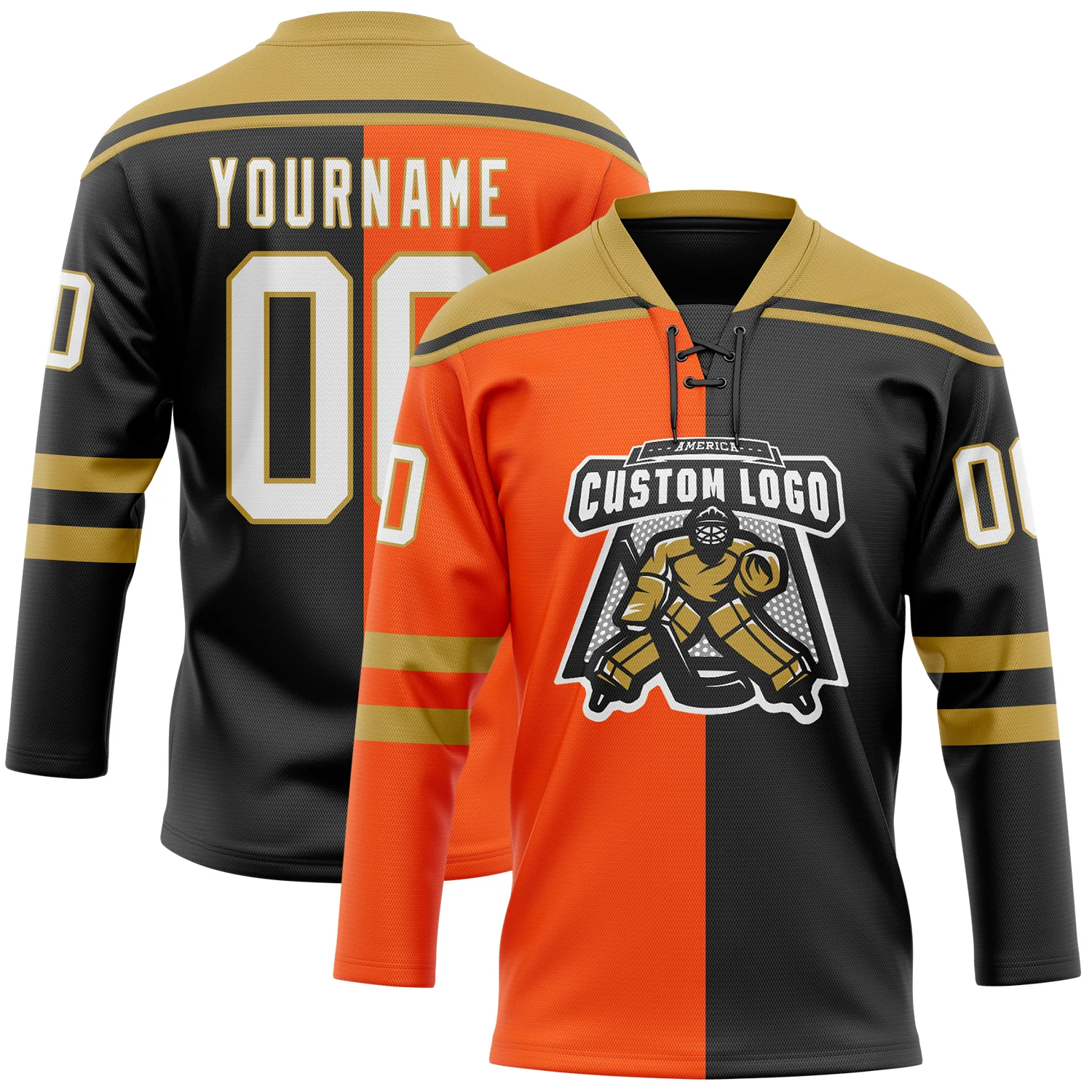 Custom Black White Orange-Old Gold Split Fashion Hockey Lace Neck Jersey