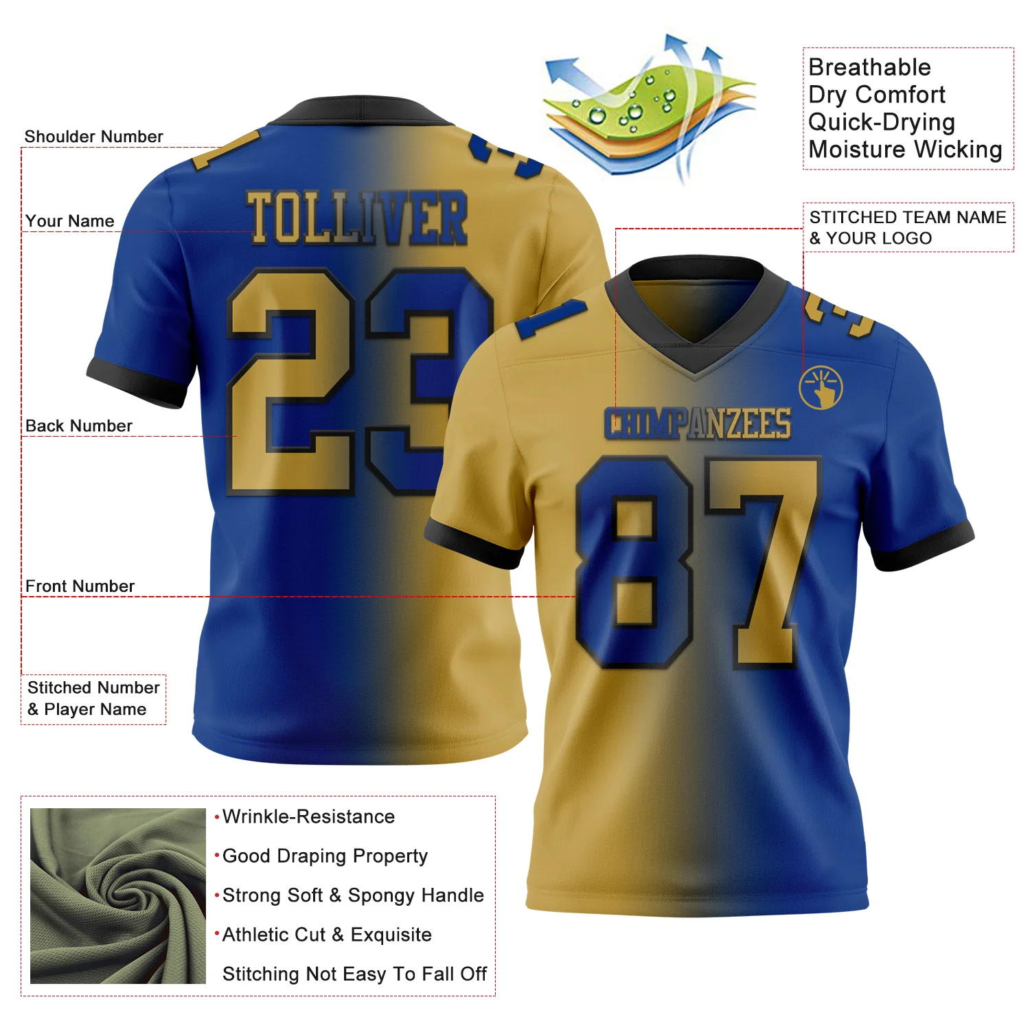 Custom Royal Old Gold-Black Authentic Gradient Fashion Football Jersey