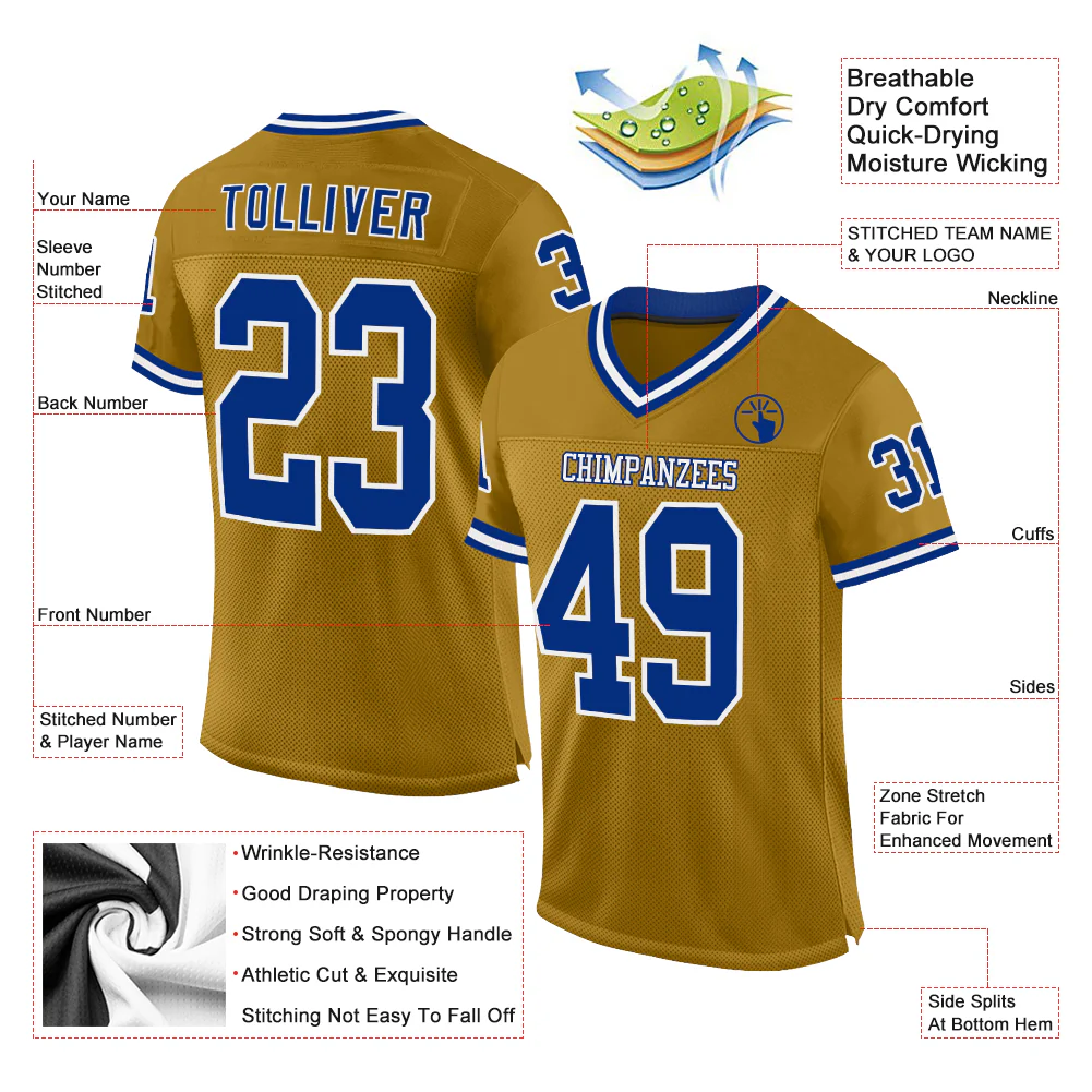 Custom Old Gold Royal-White Mesh Authentic Throwback Football Jersey