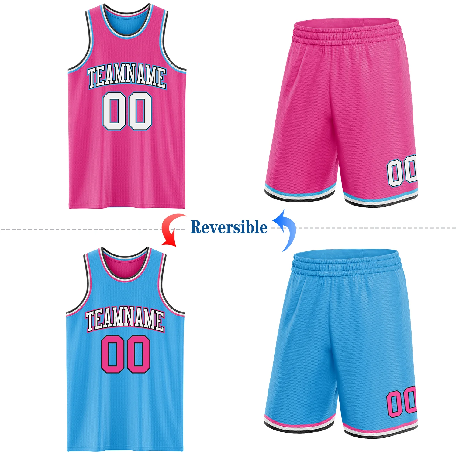 Custom Reversible Pink Black-Sky Blue Double Side Sublimation Basketball Suit Jersey