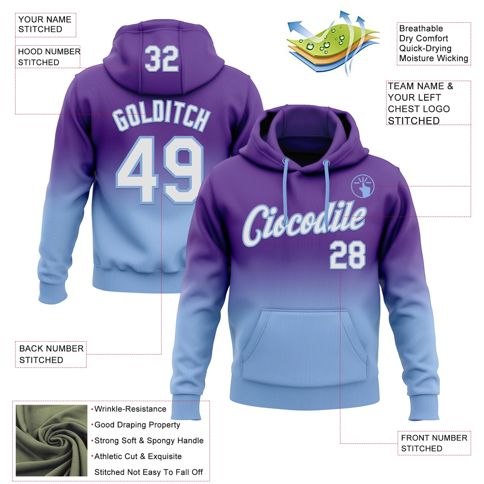 Custom Stitched Purple White-Light Blue Fade Fashion Sports Pullover Sweatshirt Hoodie