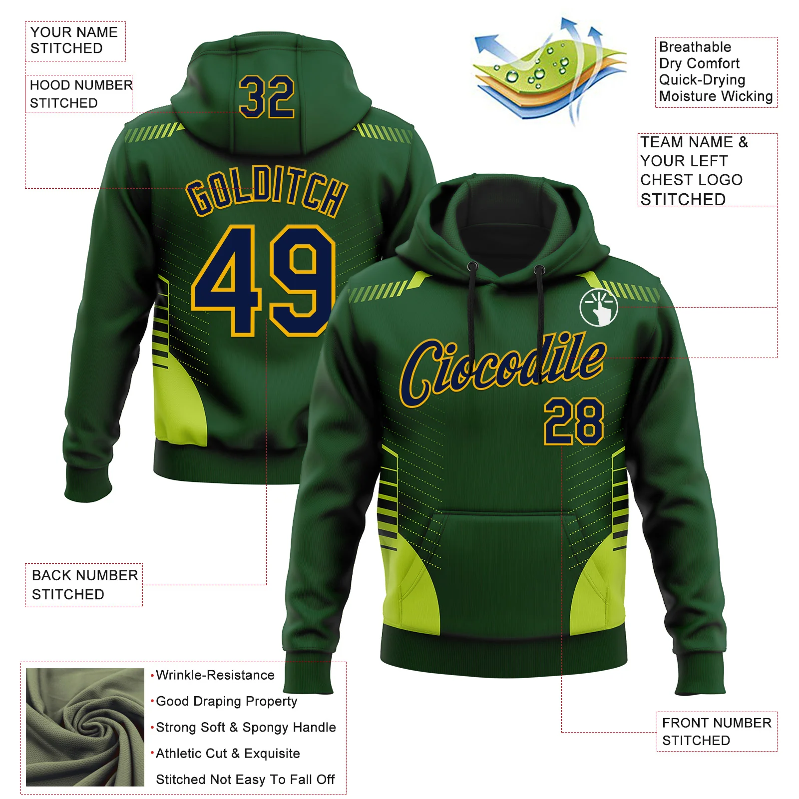 Custom Stitched Green Navy-Gold 3D Pattern Design Sportswear Pullover Sweatshirt Hoodie