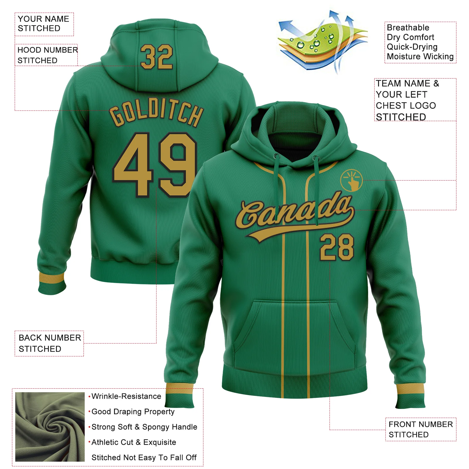 Custom Stitched Kelly Green Old Gold-Black Baseball Pullover Sweatshirt Hoodie