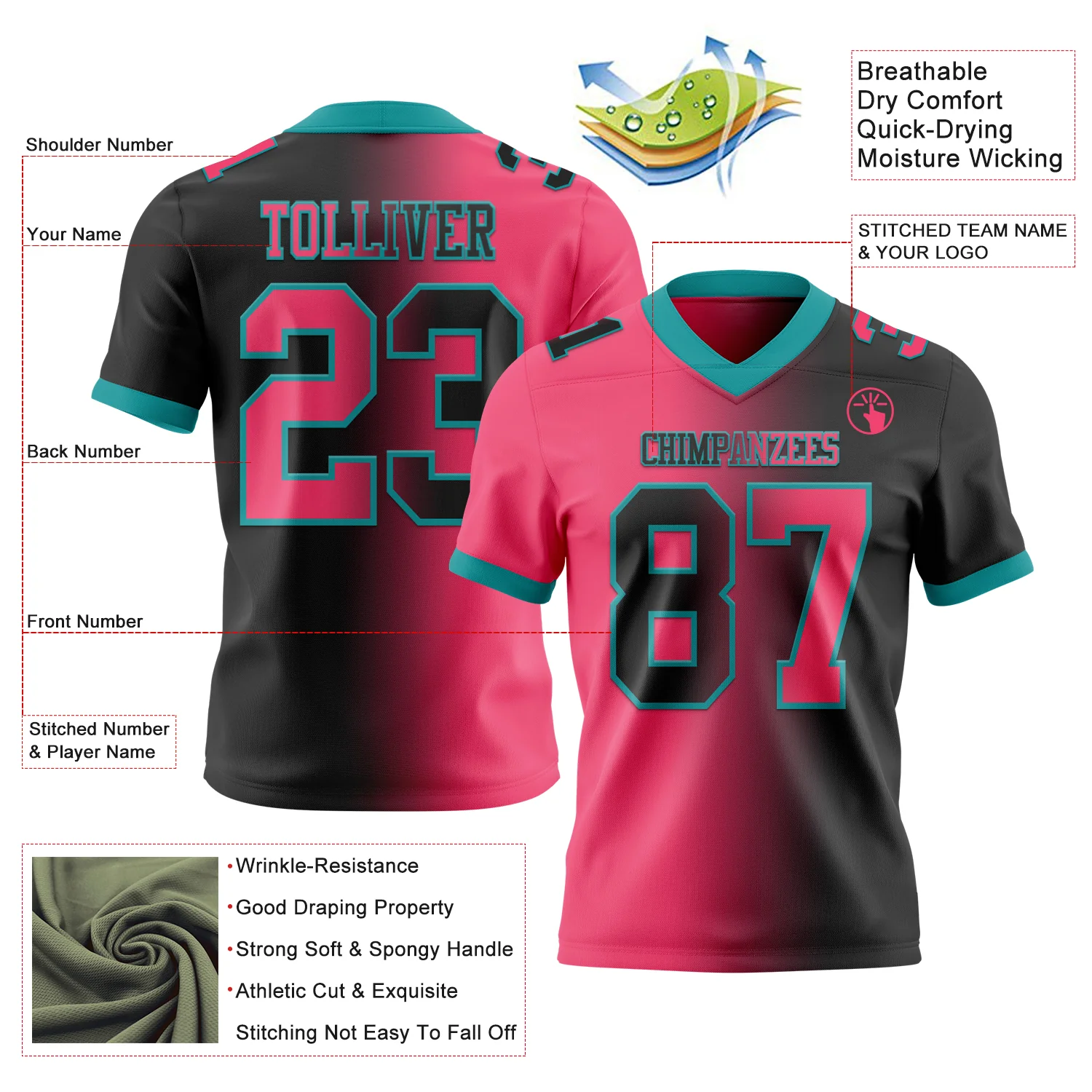 Custom Black Neon Pink-Teal Authentic Gradient Fashion Football Jersey