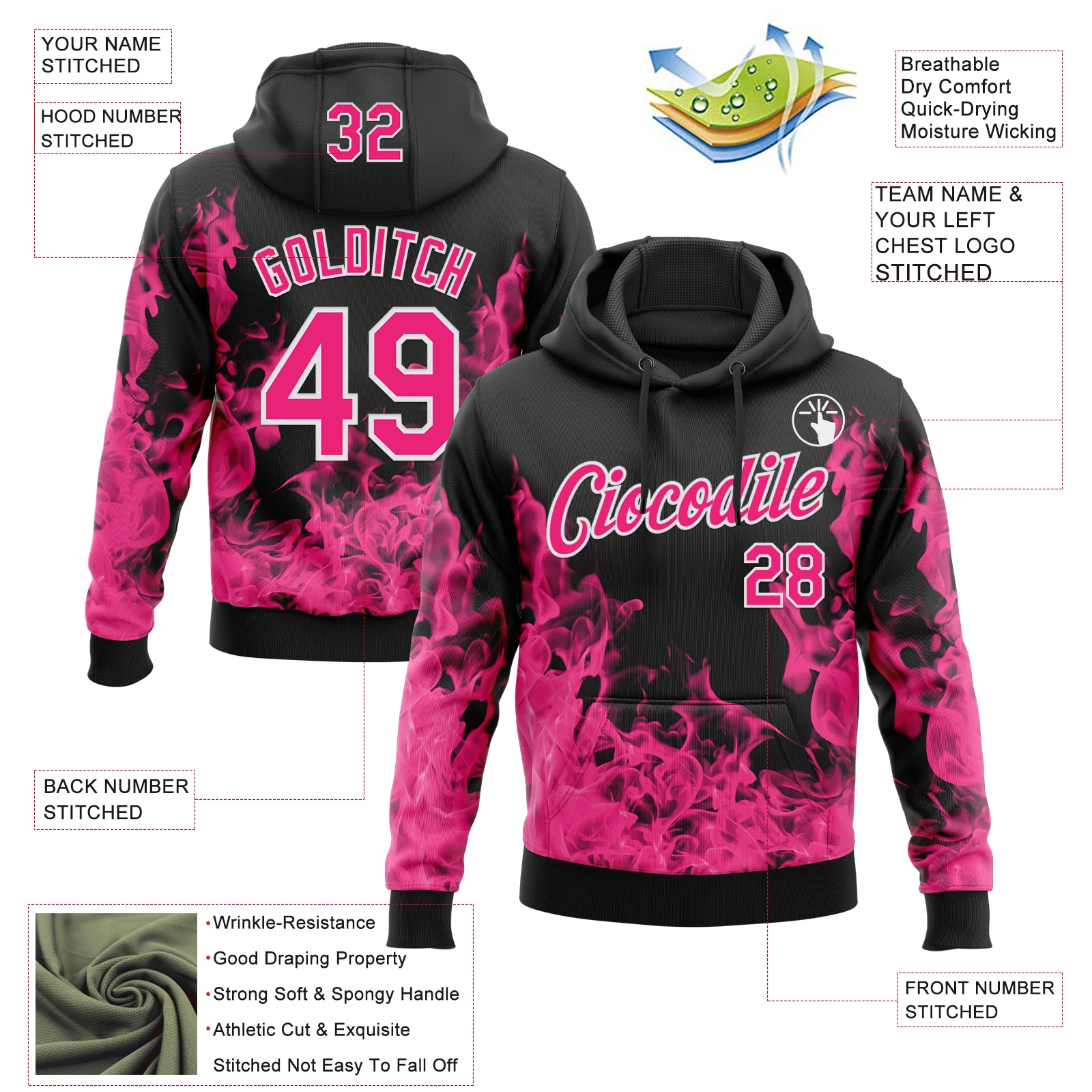 Custom Stitched Black Hot Pink-White 3D Pattern Design Flame Sports Pullover Sweatshirt Hoodie