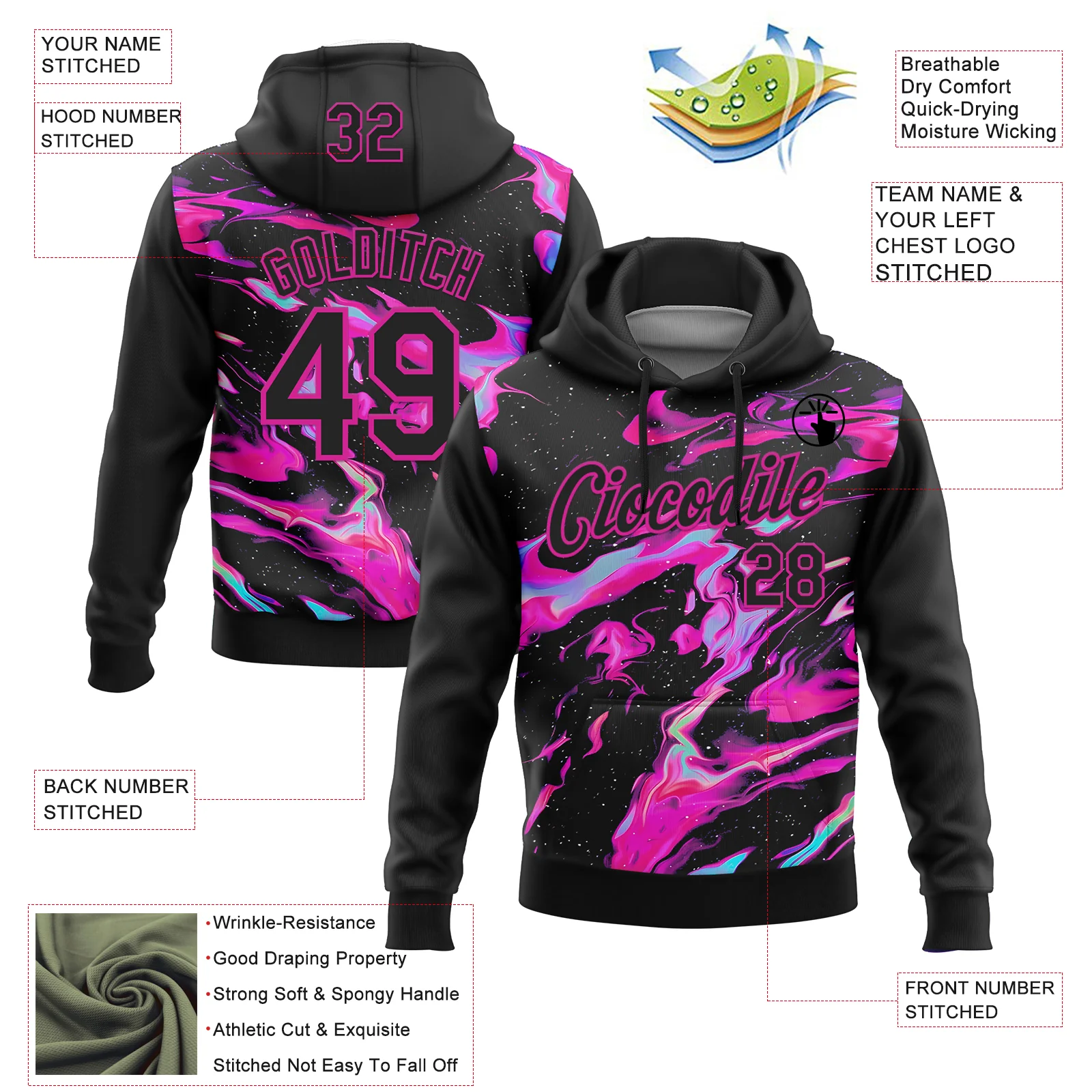 Custom Stitched Black Deep Pink 3D Pattern Design Abstract Trendy Holographic Vaporwave Style Sports Pullover Sweatshirt Hoodie