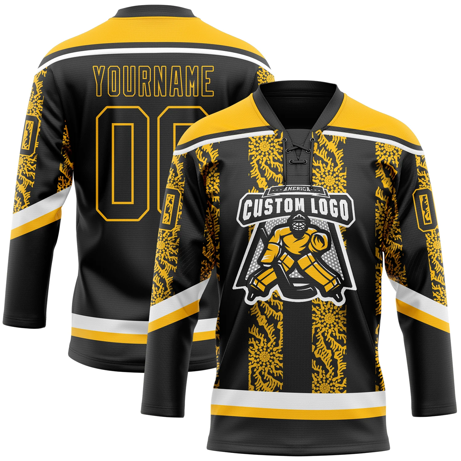 Custom Black Gold-White 3D Pattern Abstract Shape Hockey Lace Neck Jersey