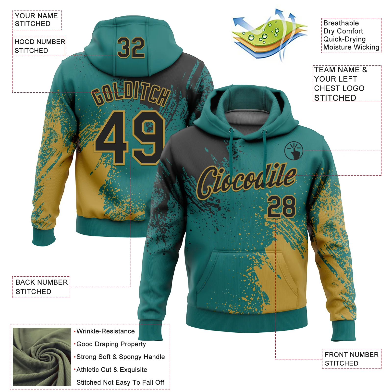 Custom Stitched Teal Black-Old Gold 3D Pattern Design Abstract Brush Stroke Sports Pullover Sweatshirt Hoodie