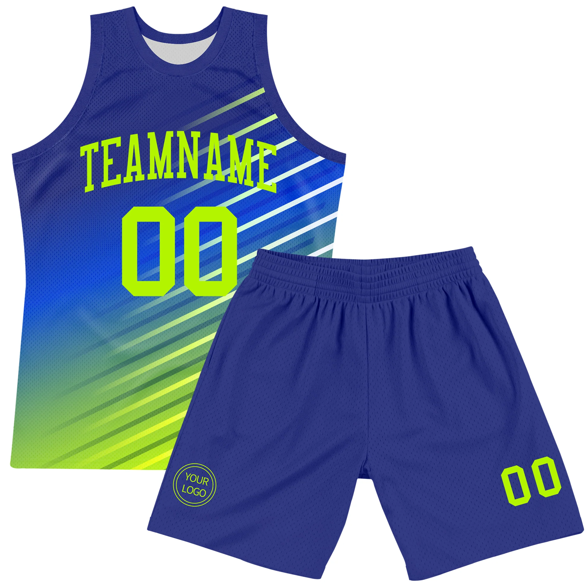 Custom Royal Neon Green-White Line Round Neck Sublimation Basketball Suit Jersey