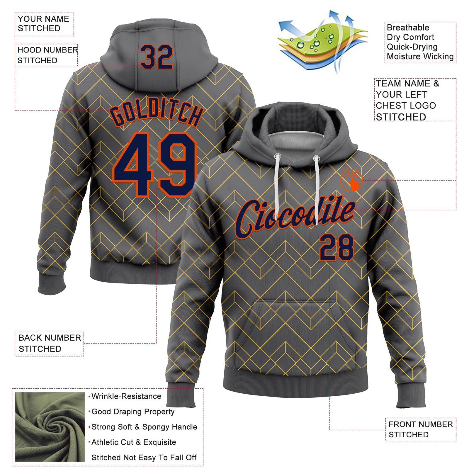 Custom Stitched Steel Gray Navy Gold-Orange 3D Pattern Design Line Geometric Shape Sports Pullover Sweatshirt Hoodie