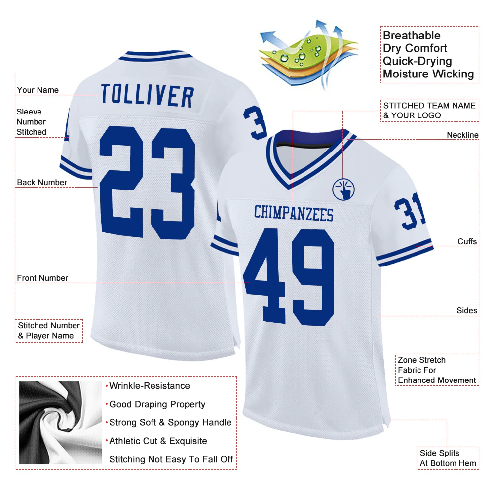 Custom White Royal Mesh Authentic Throwback Football Jersey