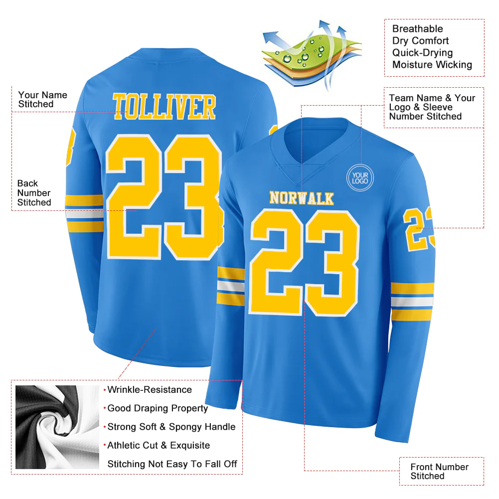 Custom Powder Blue Yellow-White Long Sleeve Authentic Football Jersey