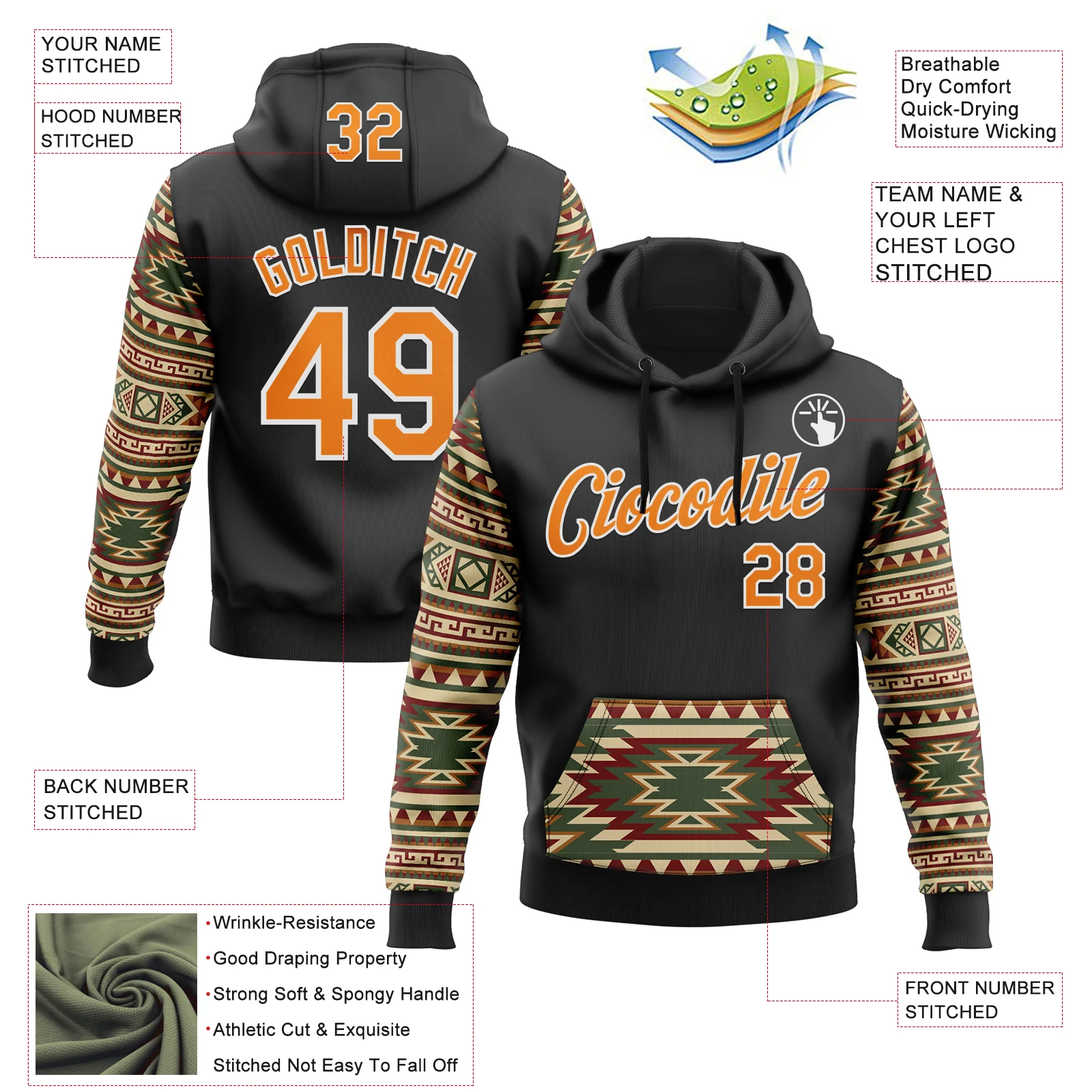 Custom Stitched Black Bay Orange Cream Red Green-White 3D Mexico Aztec Pattern Sports Pullover Sweatshirt Hoodie