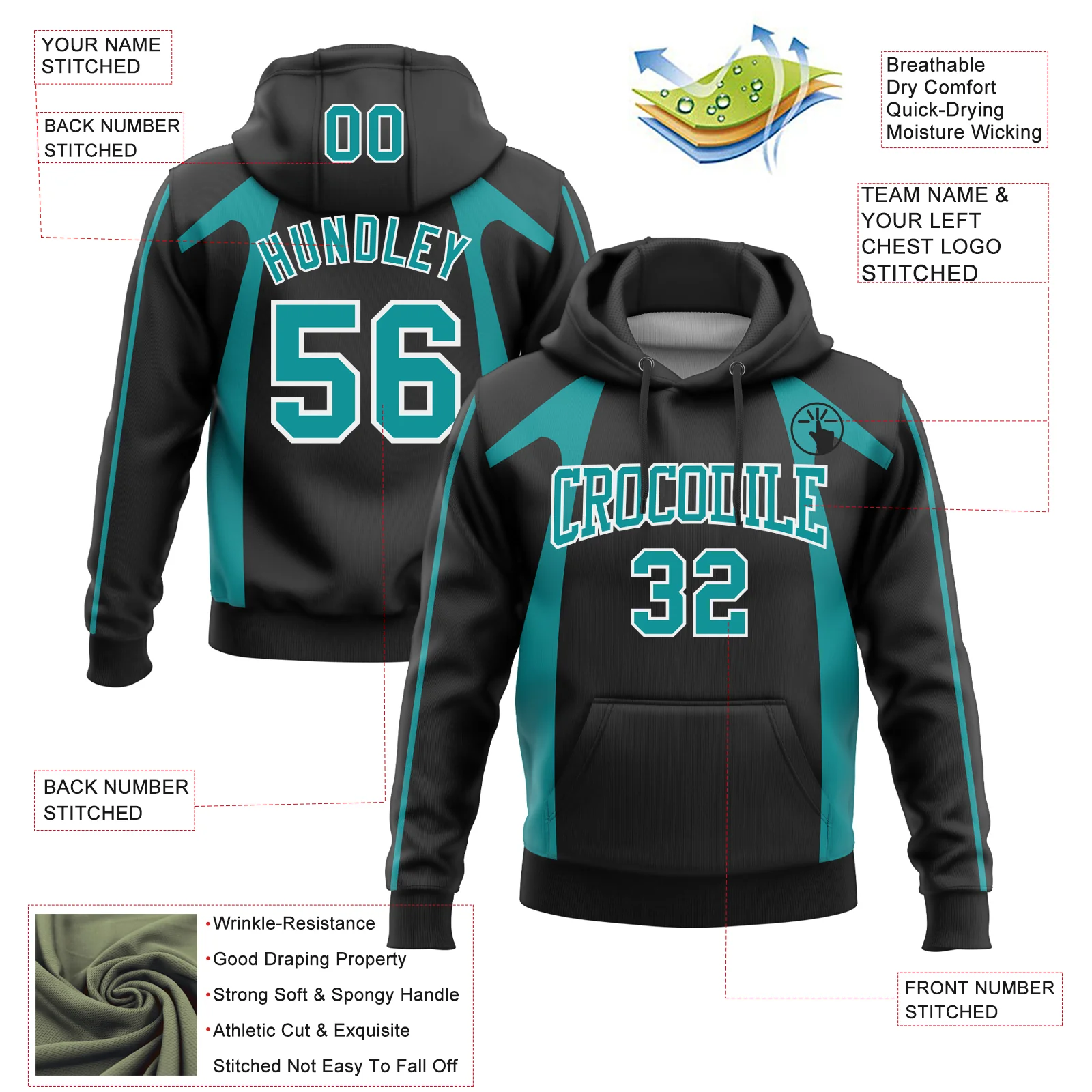 Custom Stitched Black Teal-White 3D Pattern Design Segmentation Patchwork Stripe Sports Pullover Sweatshirt Hoodie