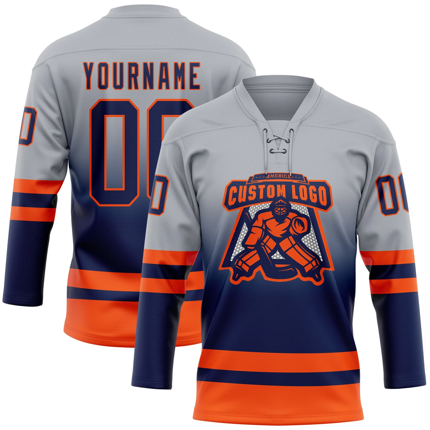 Custom Gray Navy-Orange Fade Fashion Hockey Lace Neck Jersey