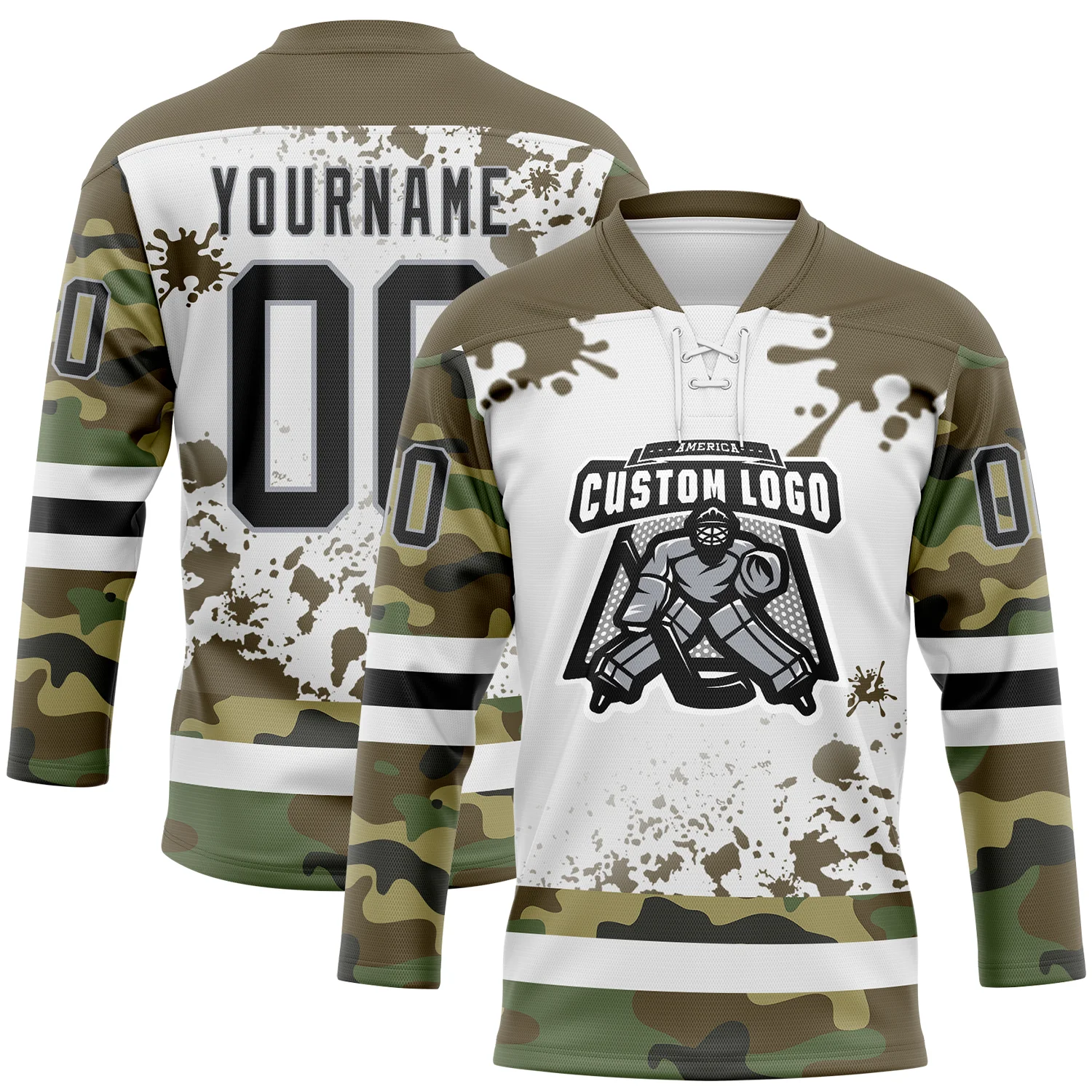 Custom Camo Black Olive Gray-White Splash Hockey Lace Neck Jersey