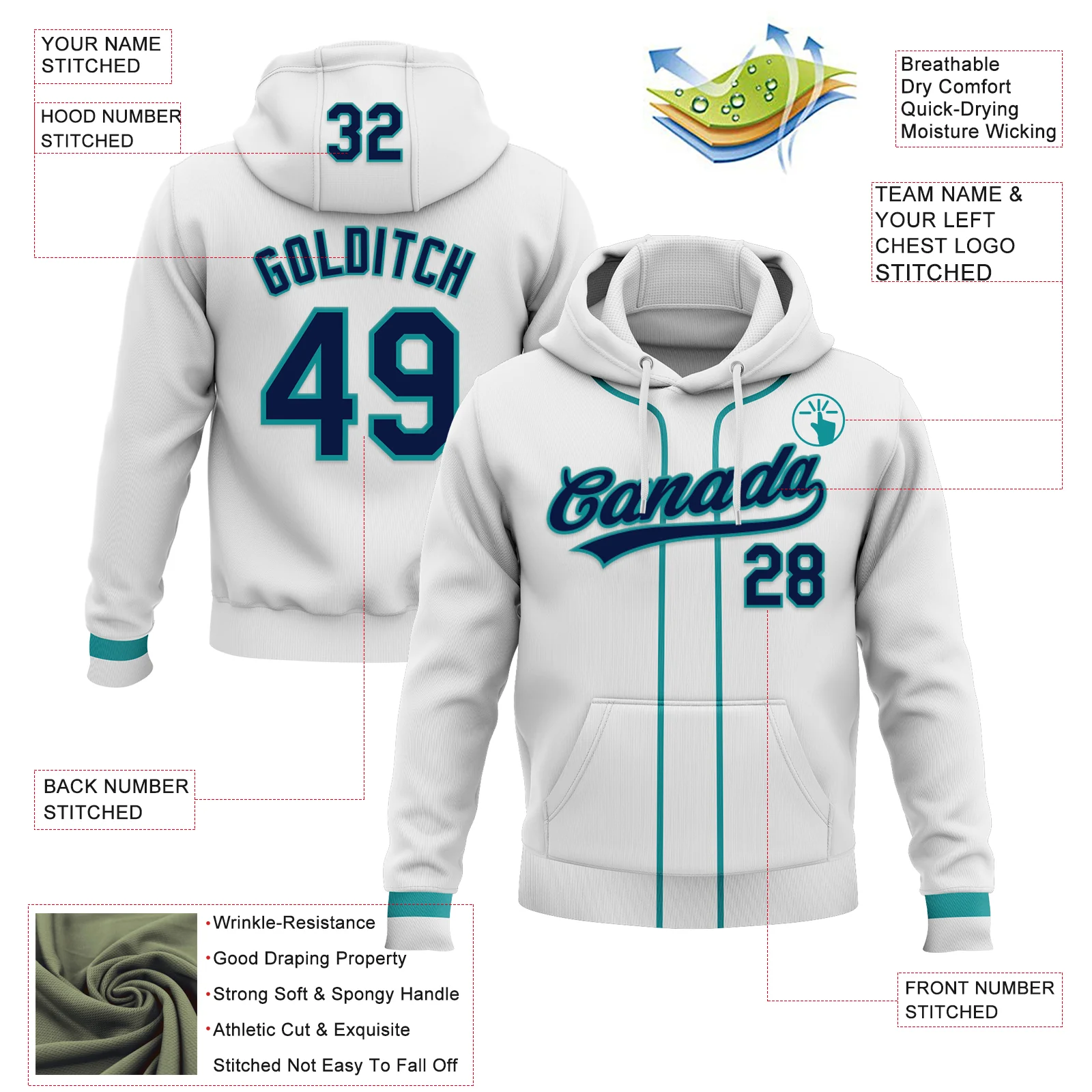 Custom Stitched White Navy-Teal Baseball Pullover Sweatshirt Hoodie