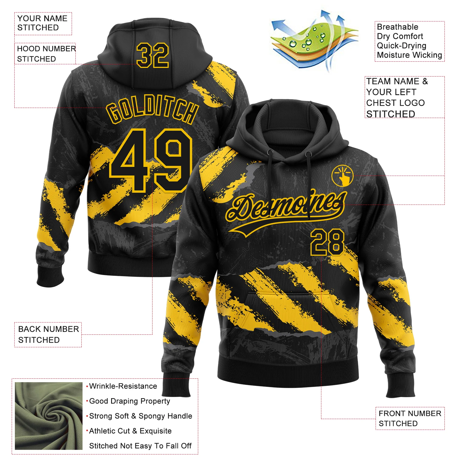 Custom Stitched Black Yellow-Steel Gray 3D Pattern Design Splash Sports Pullover Sweatshirt Hoodie
