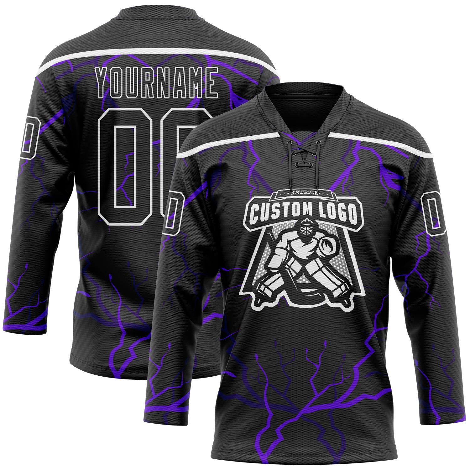 Custom Black Purple-White 3D Pattern Lightning Hockey Lace Neck Jersey