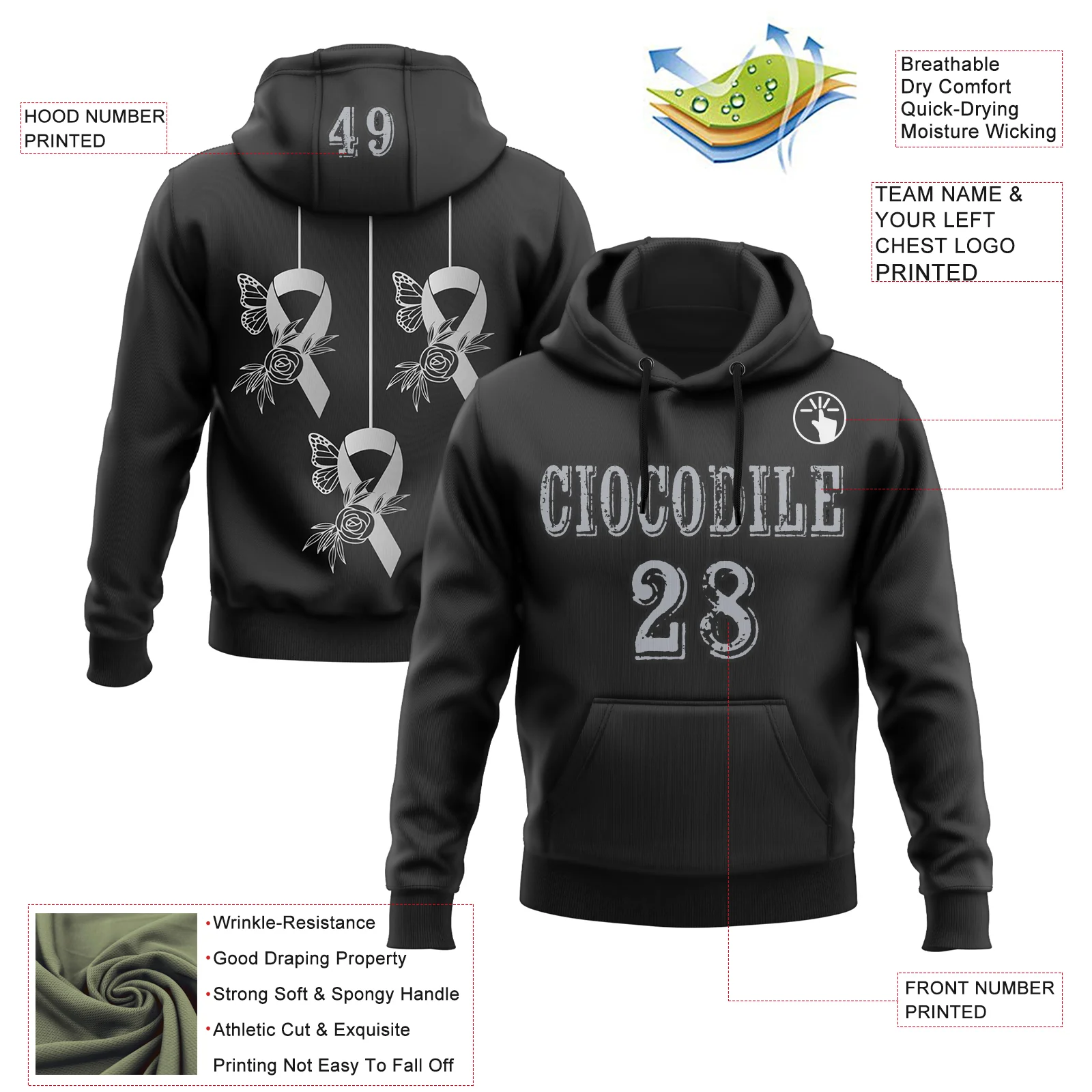 Custom Black Gray 3D Brain Cancer World Cancer Day Ribbon Support Sports Pullover Sweatshirt Hoodie