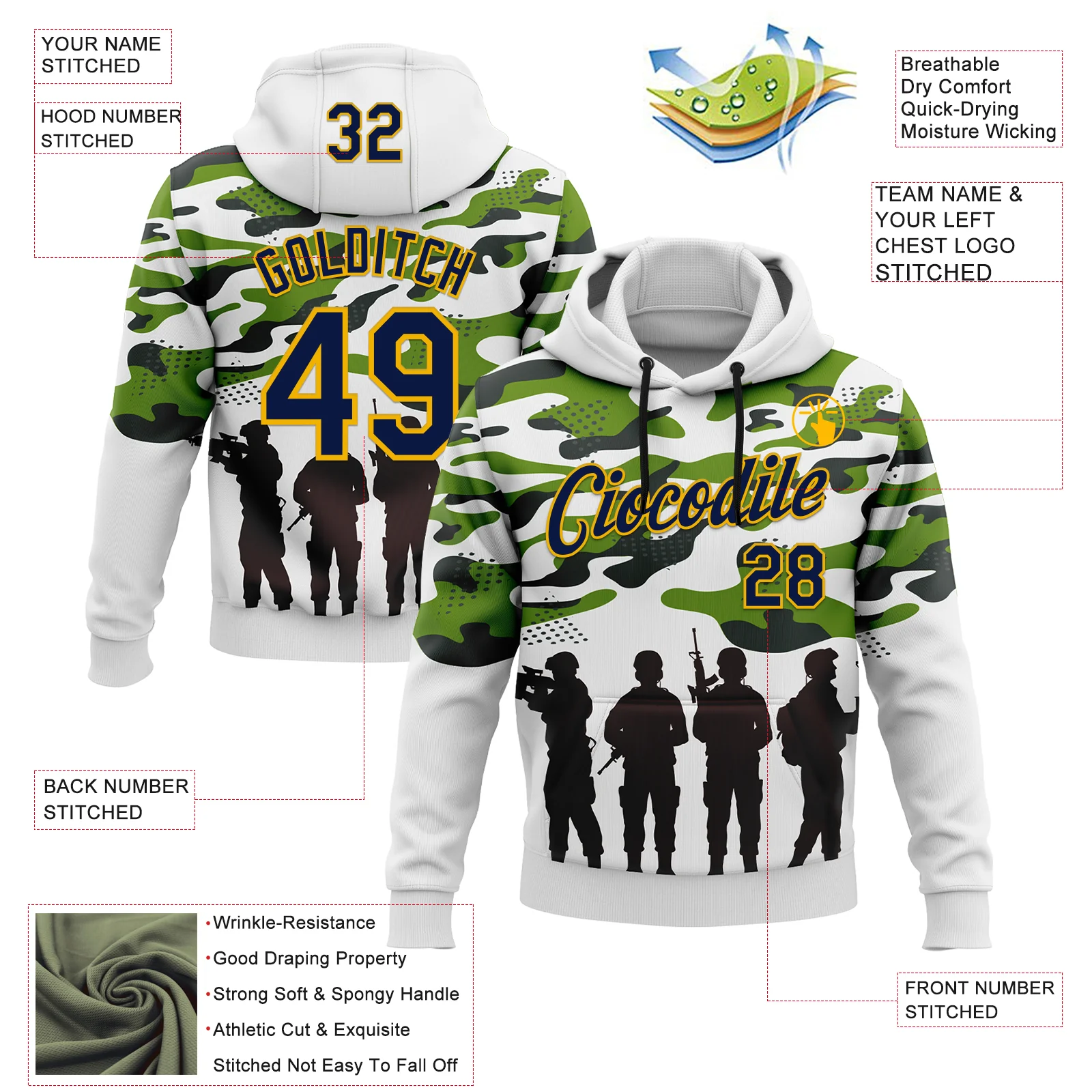 Custom Stitched White Navy Black-Gold 3D Pattern Design Camo Military Sportswear Pullover Sweatshirt Hoodie