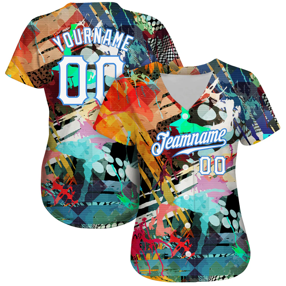 Custom Graffiti Colored Abstract Pattern White-Light Blue 3D Authentic Baseball Jersey