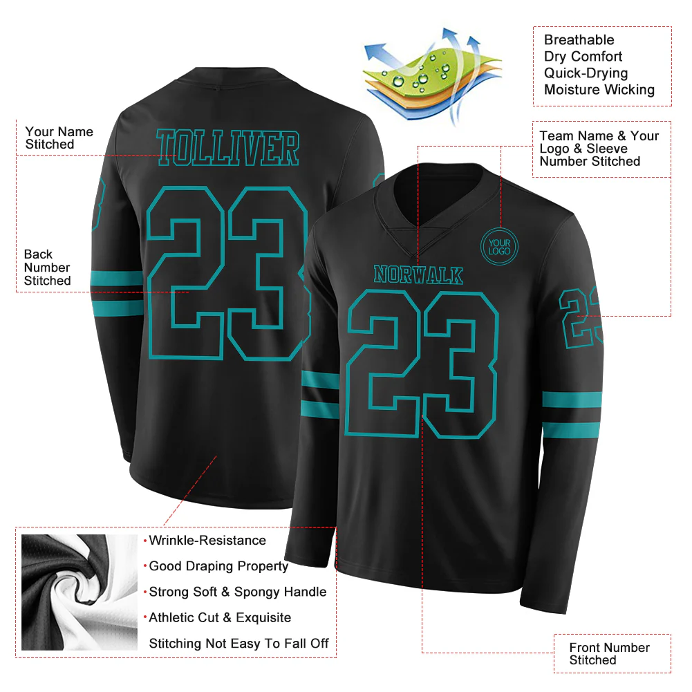 Custom Black Teal Long Sleeve Authentic Football Jersey