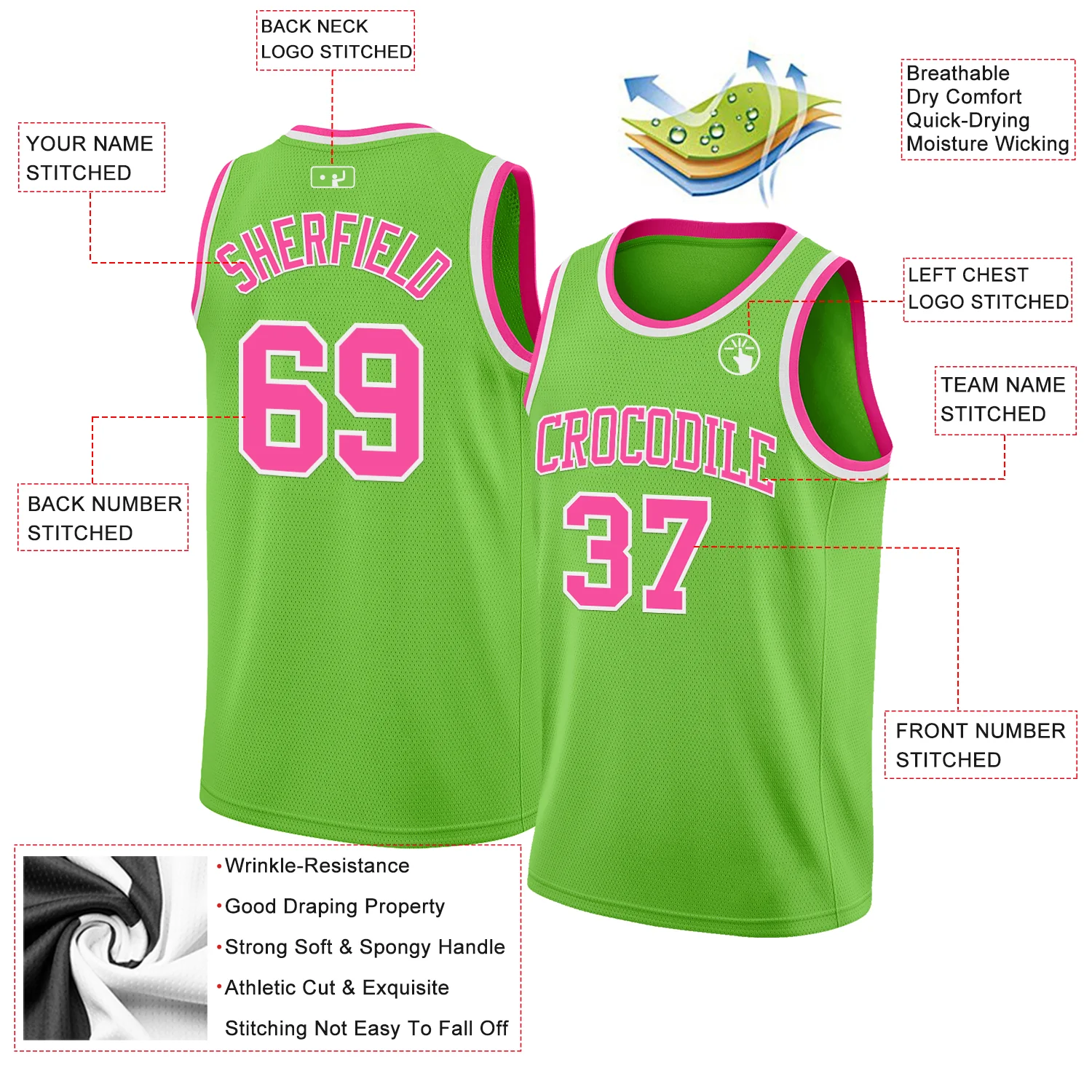 Custom Neon Green Pink-White Authentic Basketball Jersey
