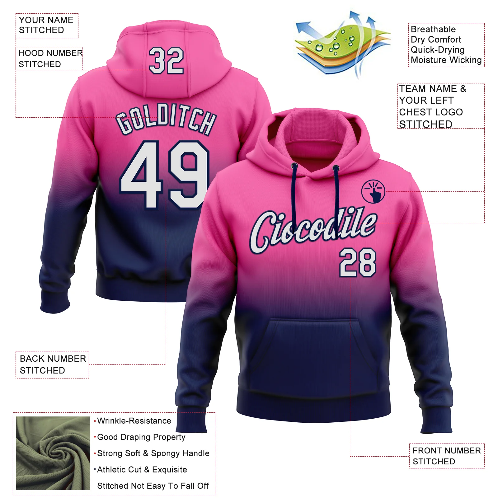Custom Stitched Pink White-Navy Fade Fashion Sports Pullover Sweatshirt Hoodie