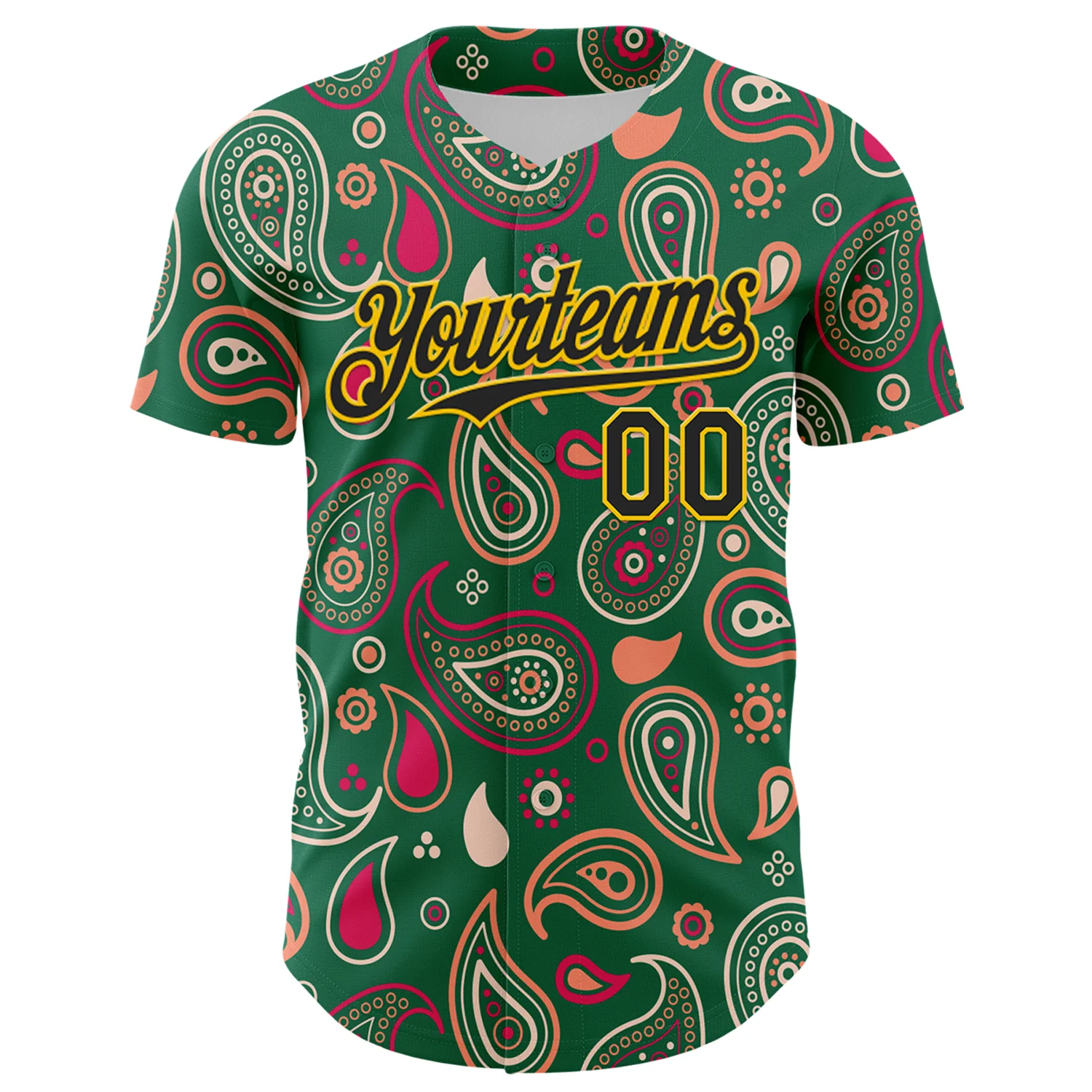 Custom Kelly Green Black-Yellow 3D Pattern Design Burner Costumes Paisley Bandana Authentic Baseball Jersey