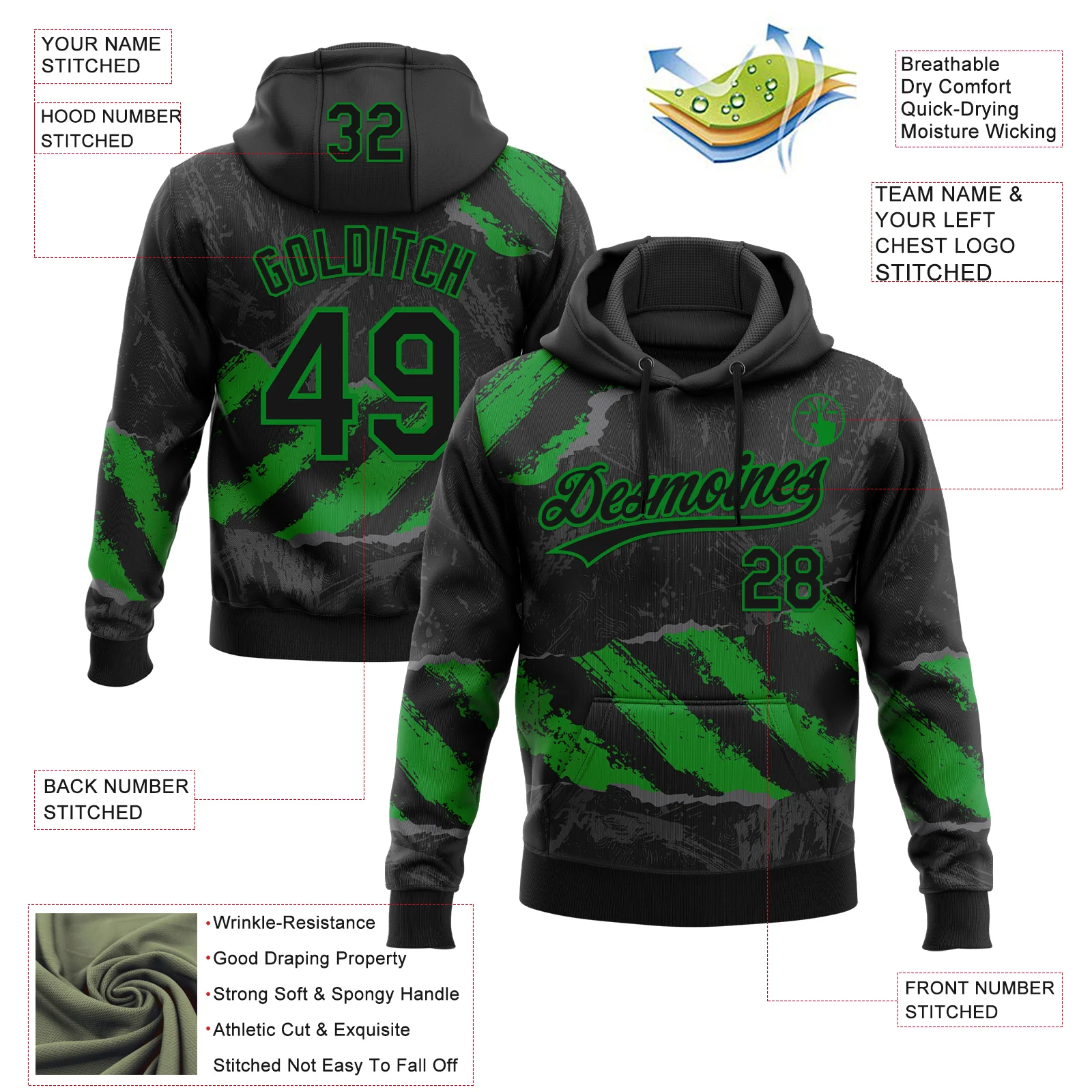 Custom Stitched Black Grass Green-Steel Gray 3D Pattern Design Splash Sports Pullover Sweatshirt Hoodie